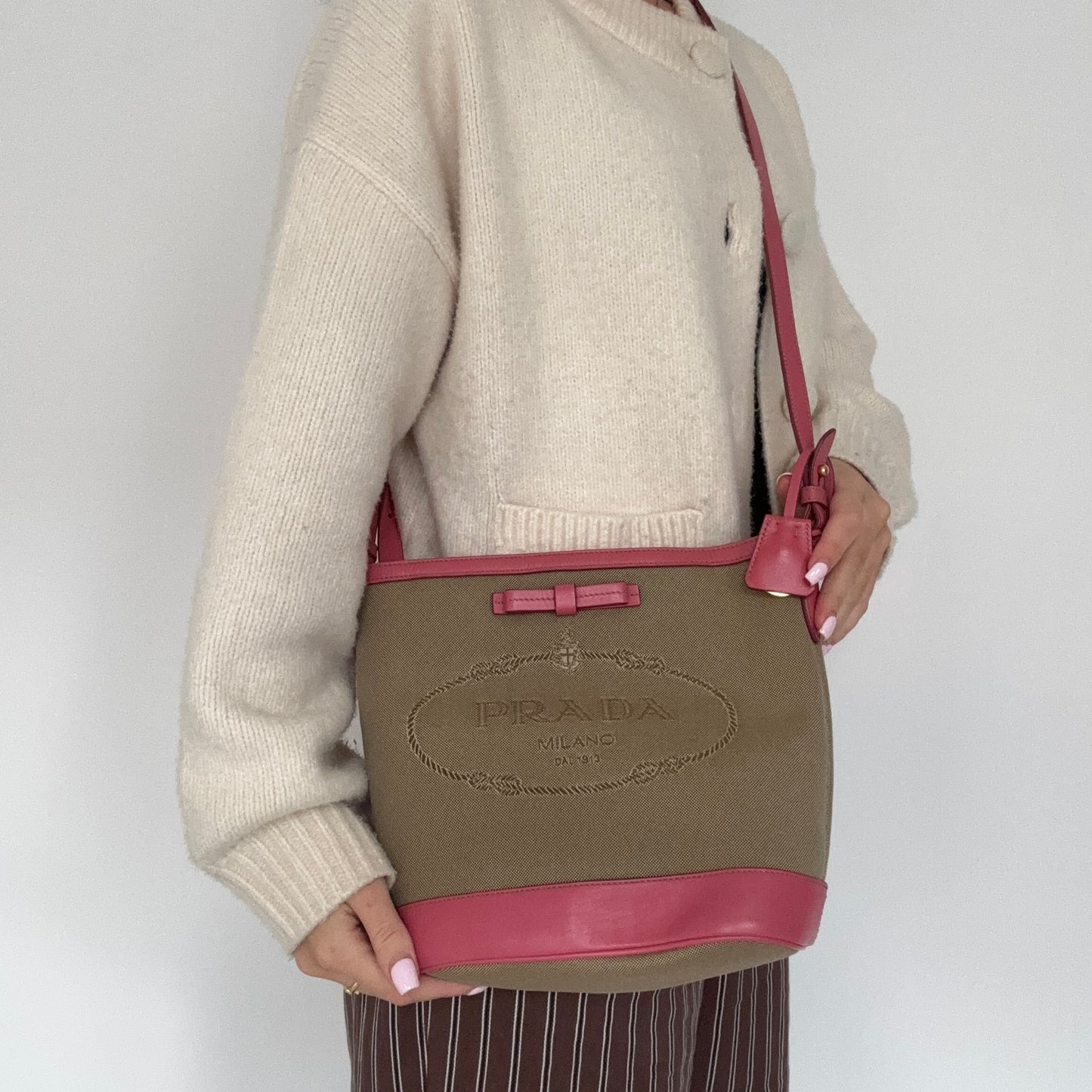 Prada Bucket Bag Logo Canvas and Pink Leather