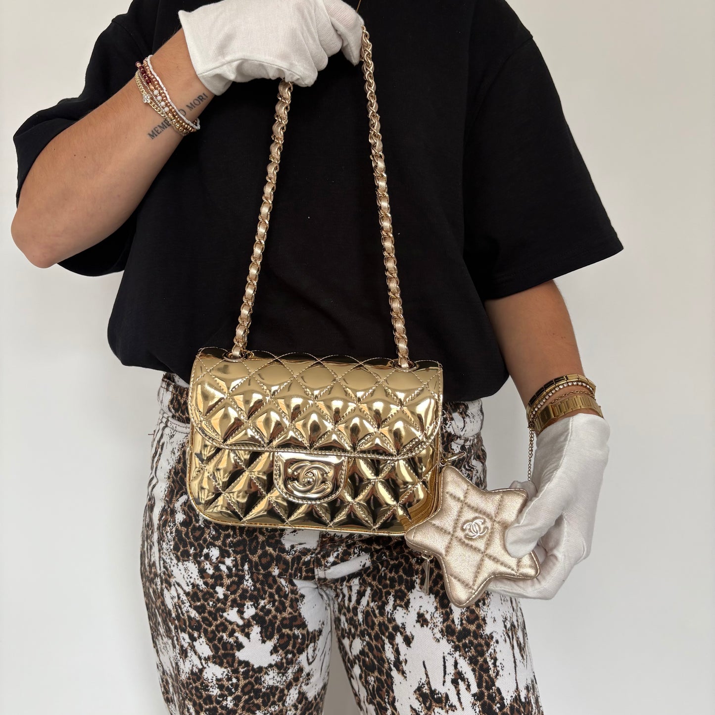 Chanel Mini Flap Bag in Mirrored Calf with Star Coin Purse in Metallic Calf 2024