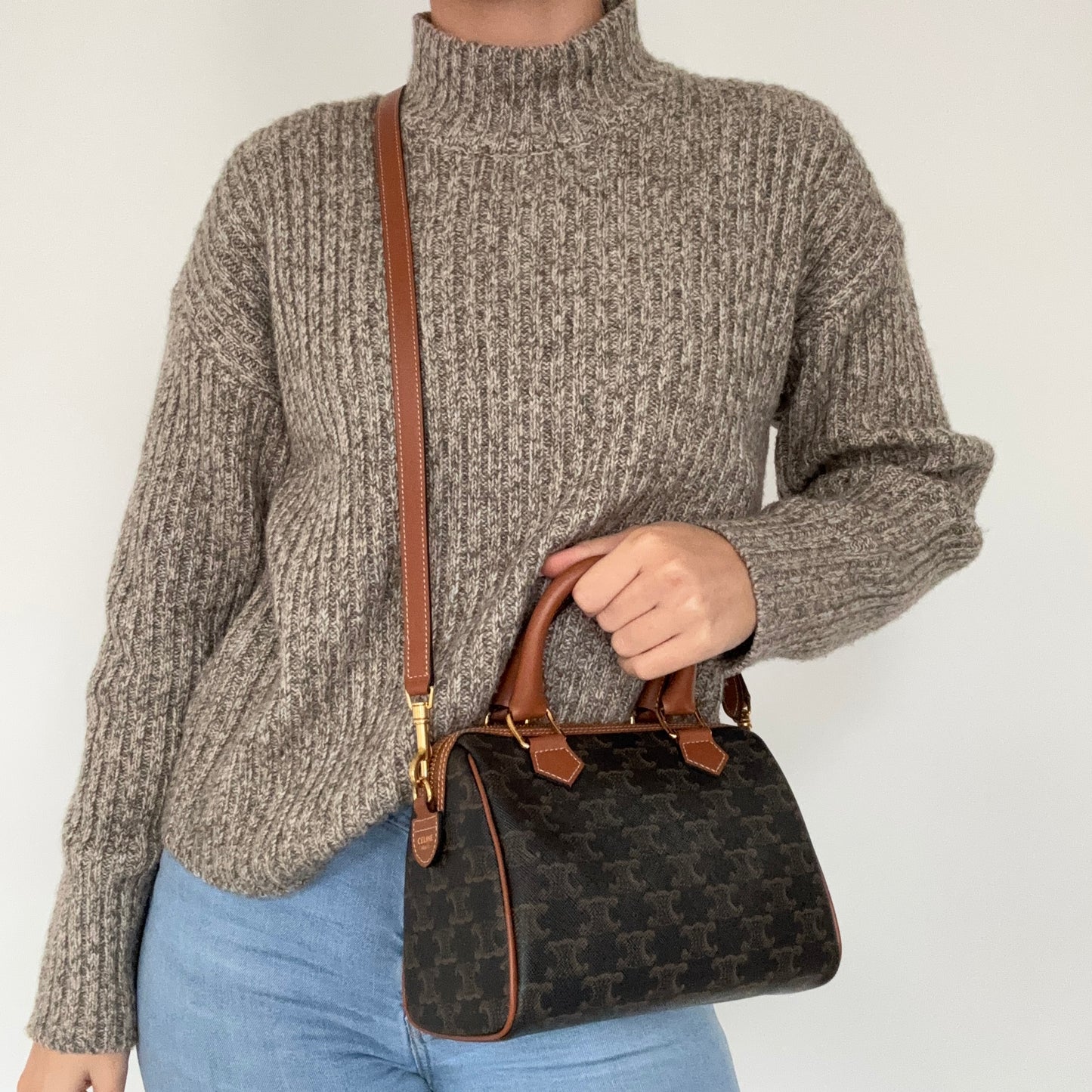 Celine Boston Bag Small with Strap Triomphe Canvas and Leather