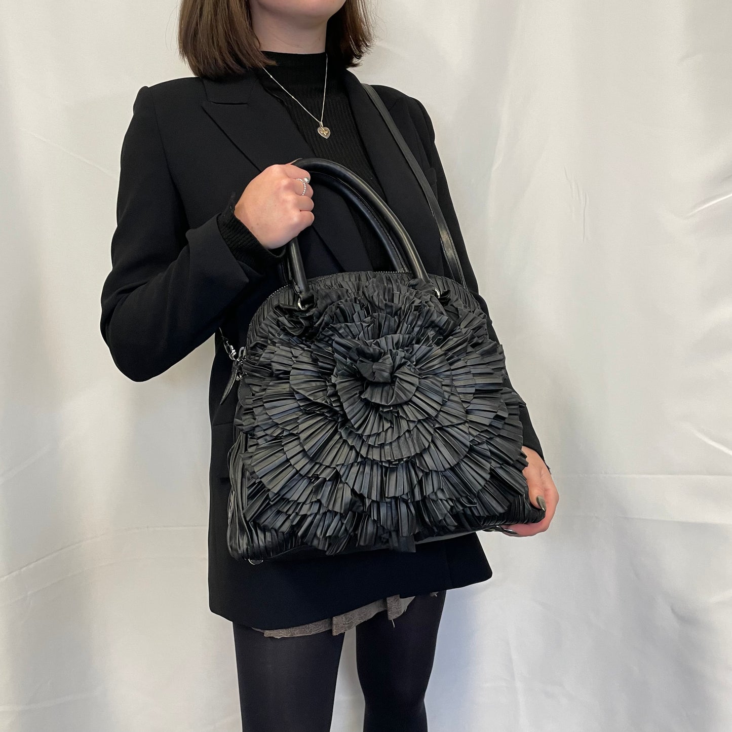 Valentino Black Nappa Leather Rose Rouched Dome Bag