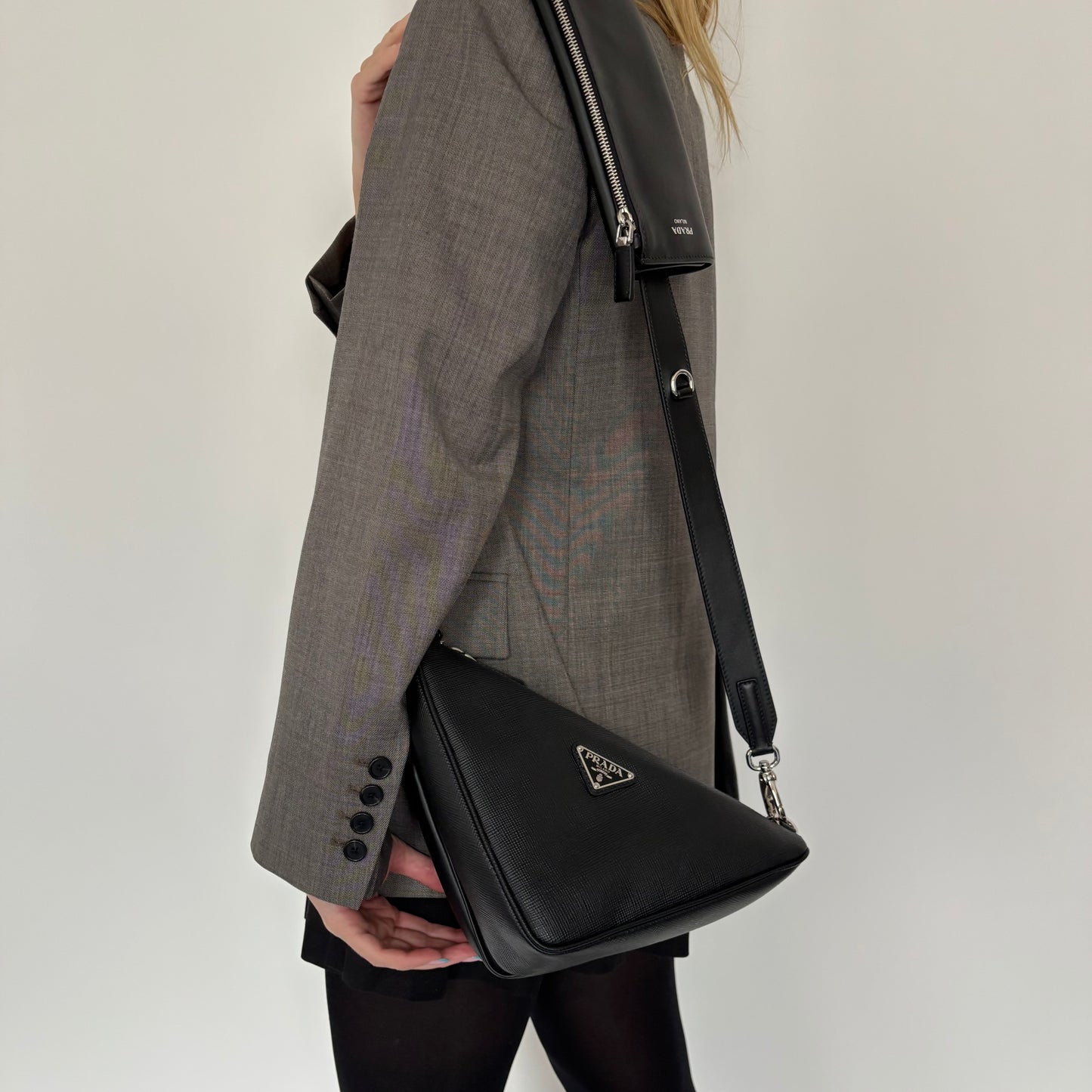 Prada Black Saffiano and Vitello Leather Triangle Double Messenger