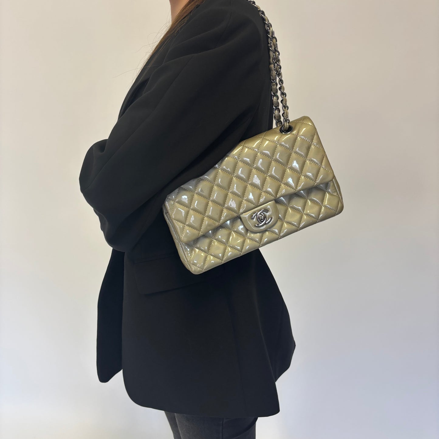 Chanel Classic Medium Double Flap Metallic Sage Green Patent GMH 2012/13