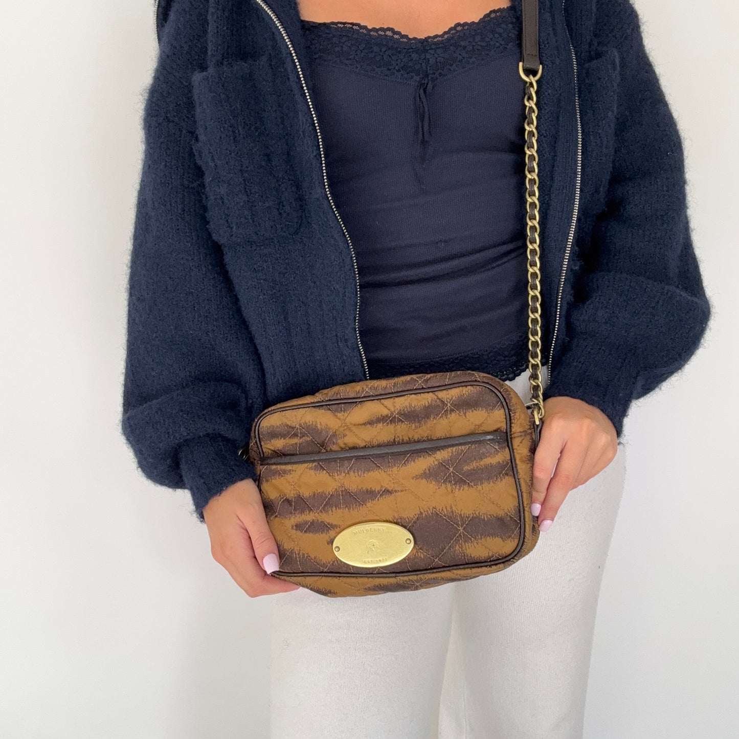 Mulberry Rosie Zipped Satchel Camera Bag in Tiger Print Oak Quilted Nylon & Calfskin