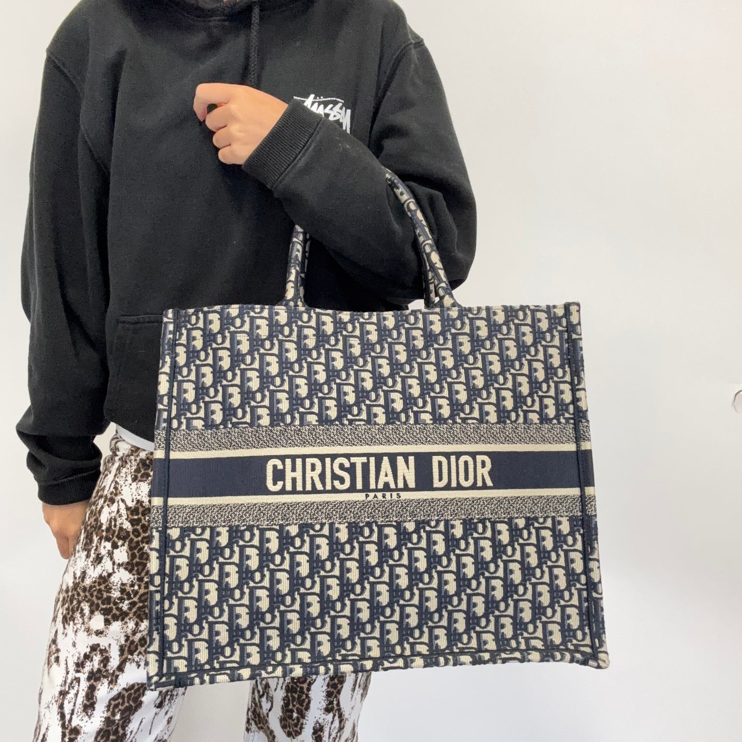 Dior Book Tote Large Ecru and Blue Oblique Embroidery