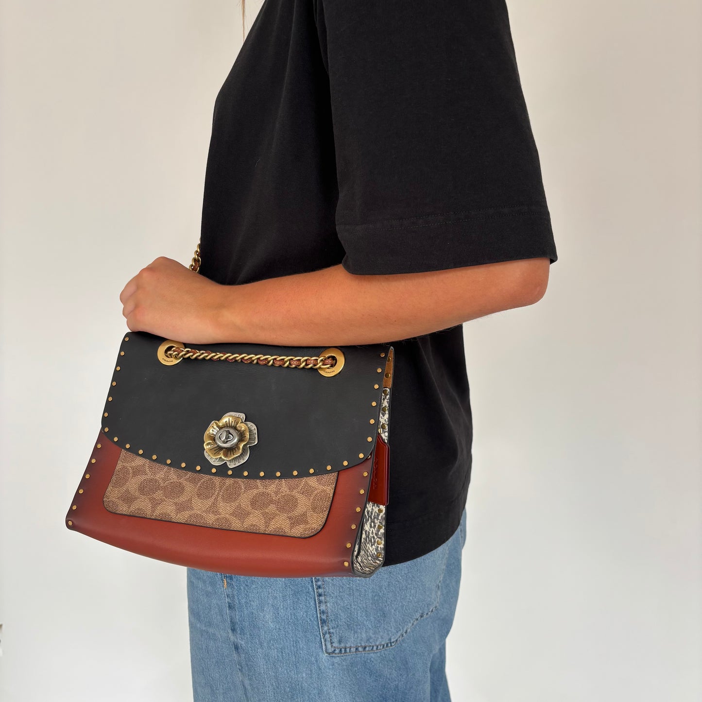 Coach Parker Turnlock Chain Bag In Canvas & Leather & Python Print