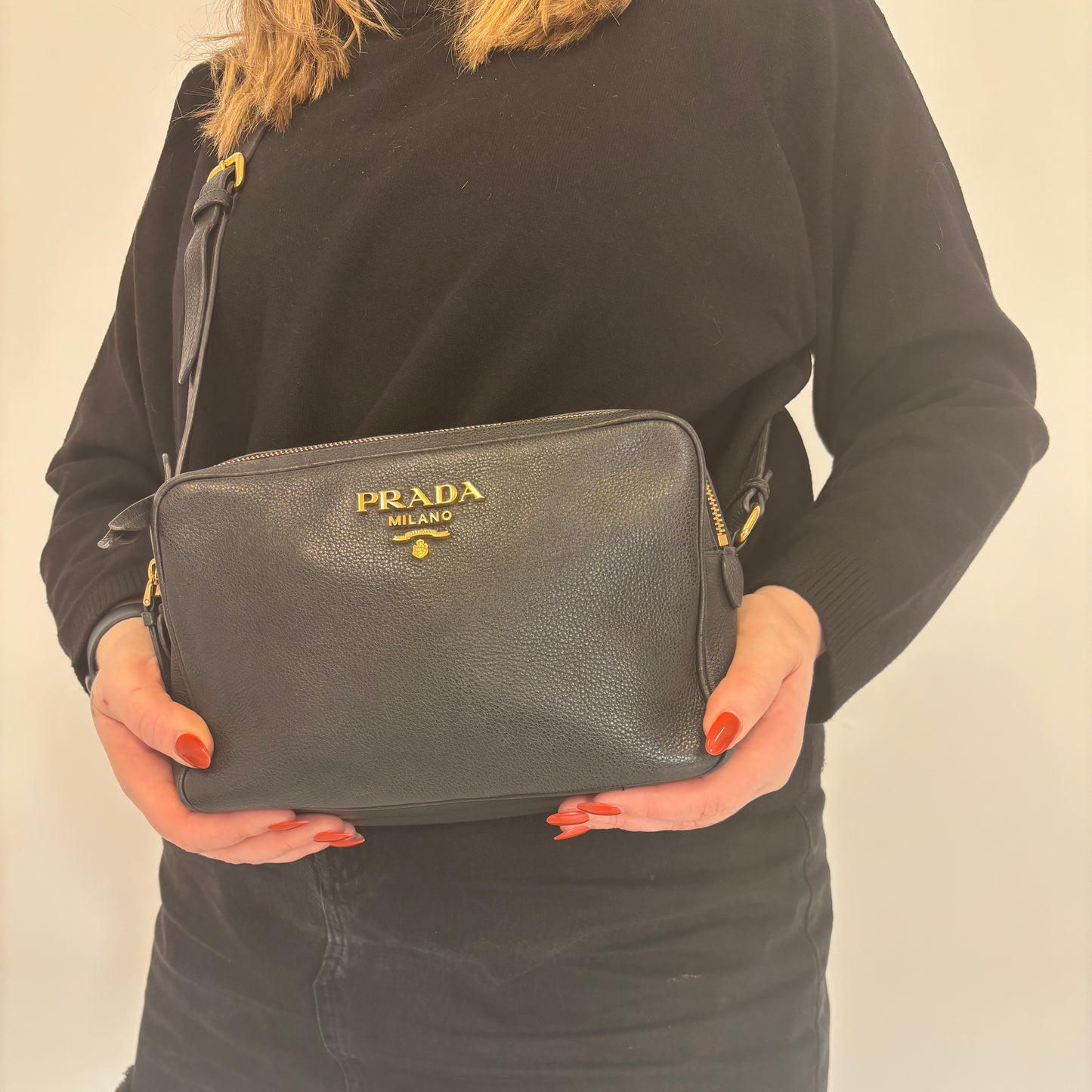 Prada Double Zip Camera Bag Black Leather GHW