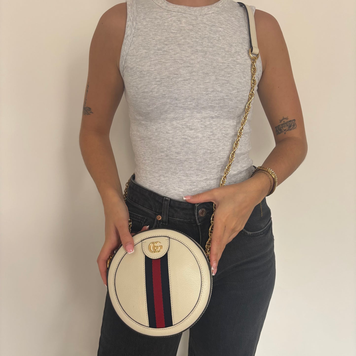 Gucci Ophidia Round Crossbody Bag Cream Leather