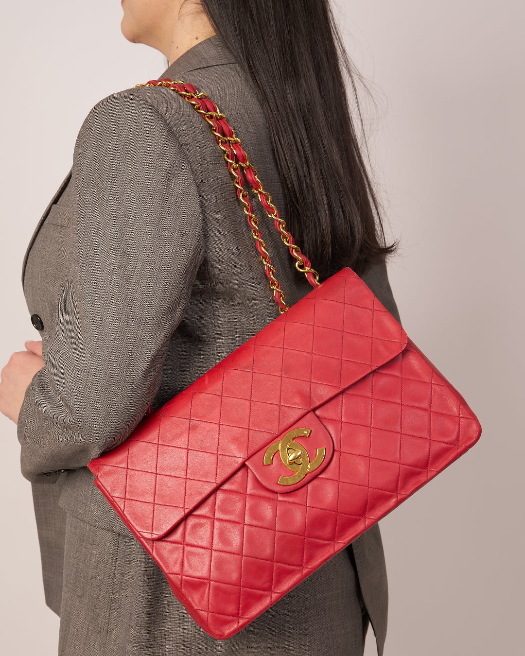 Chanel Red Lambskin Vintage Maxi Single Flap 1991/94