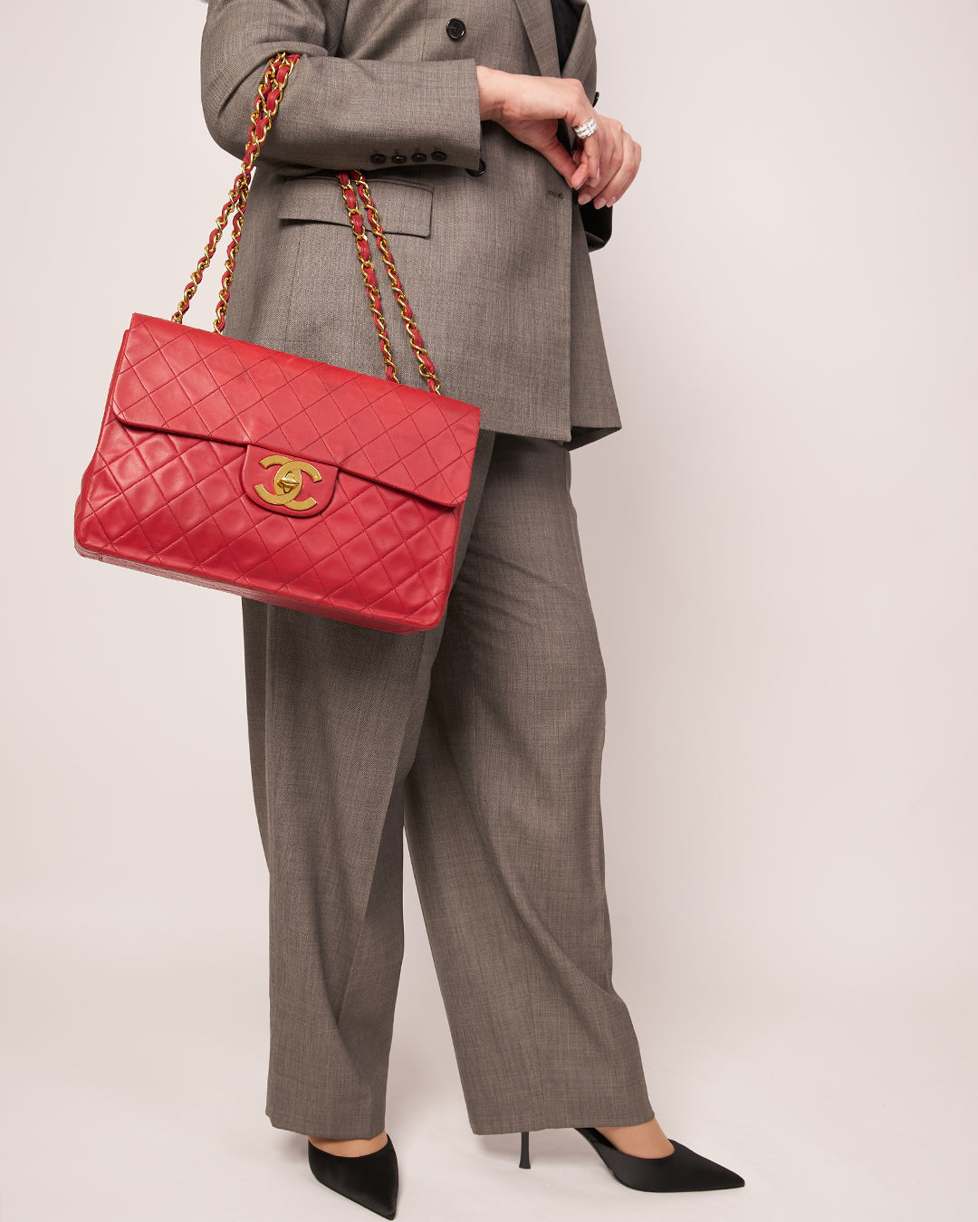 Chanel Red Lambskin Vintage Maxi Single Flap 1991/94