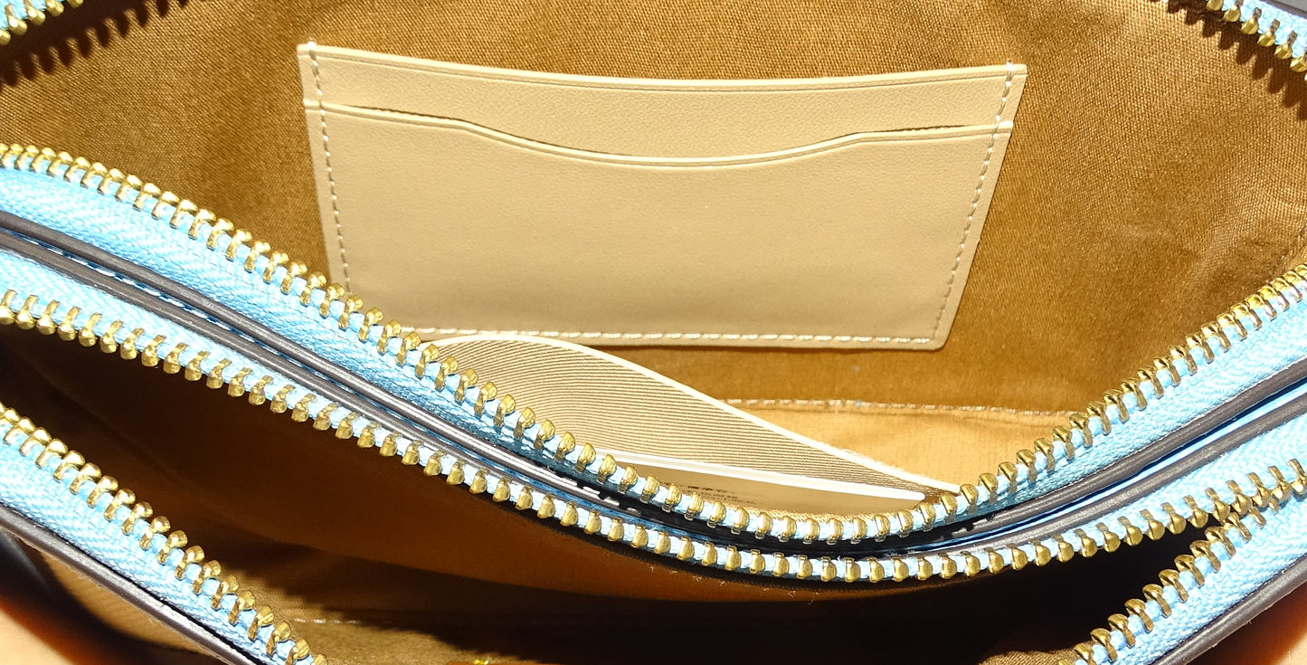 Coach Logo Canvas and Blue Leather Trim Kira Double Zip Crossbody