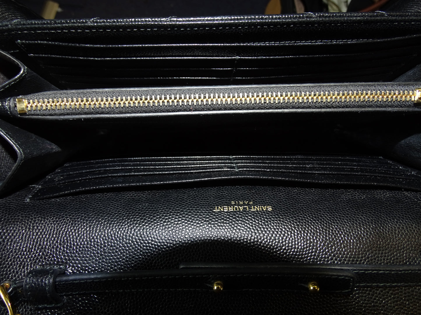 Saint Laurent Envelope Cassandre Chain Wallet In Black Grain De Poudre Leather