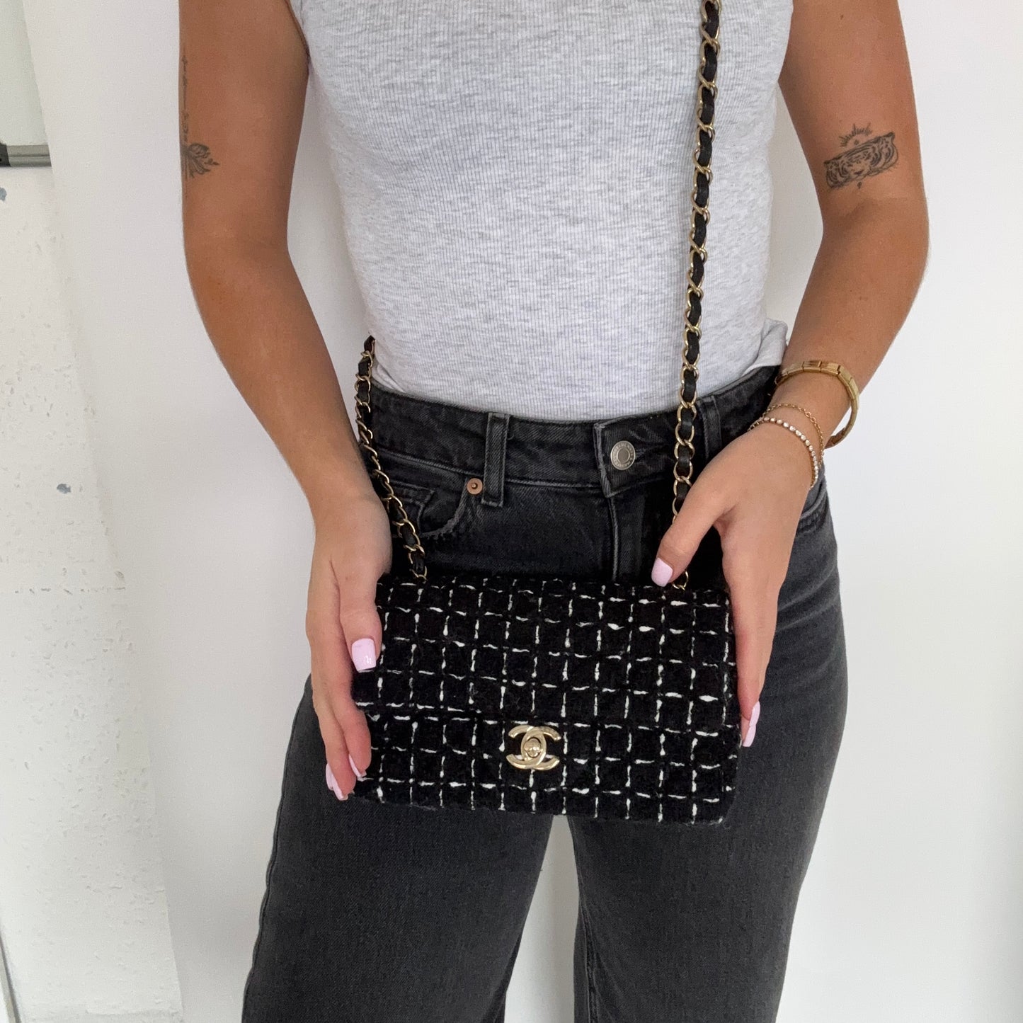Chanel Mini Rectangle Flap Bag Black Tweed GHW 2023