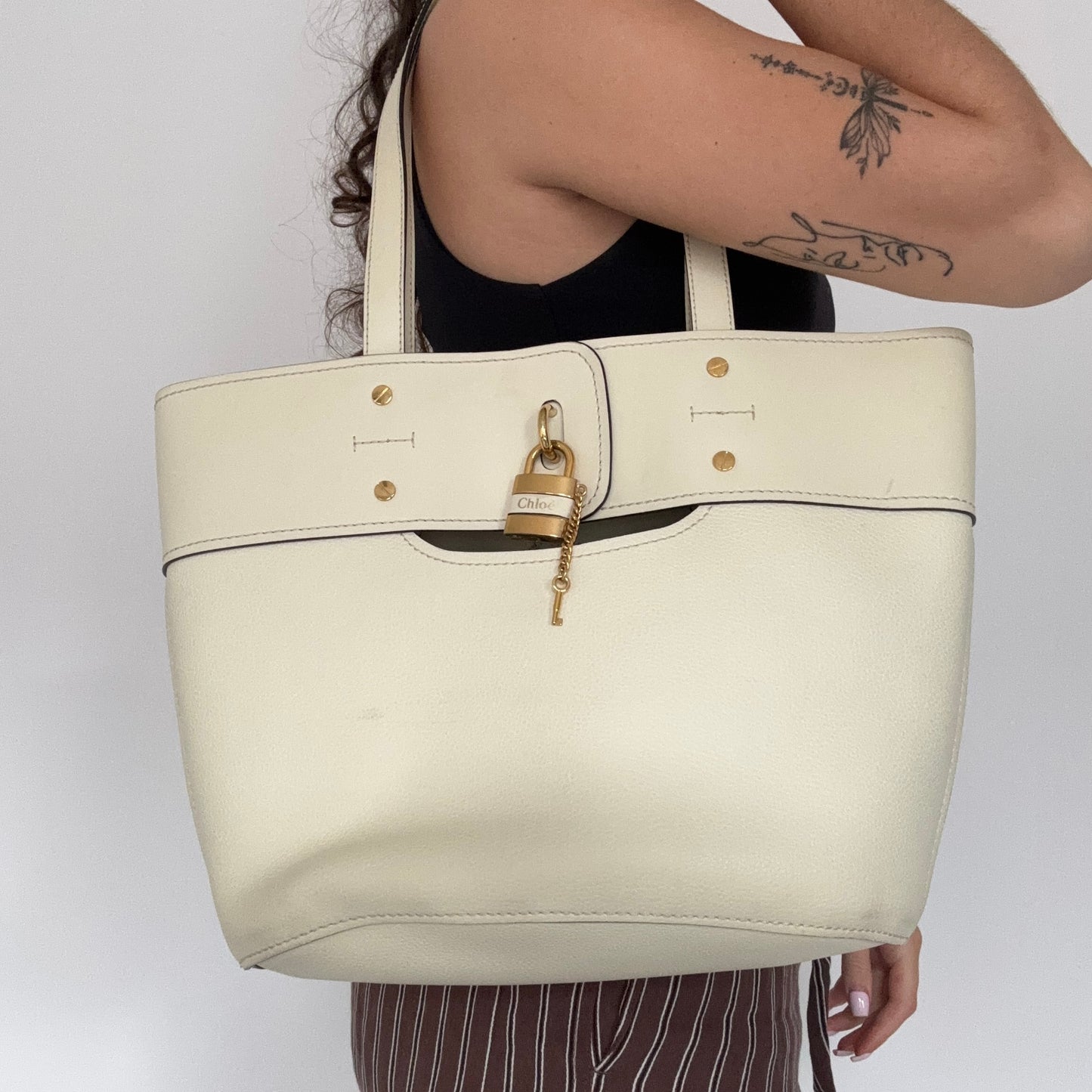 Chloe Cream Smooth and Grained Leather Medium Aby Tote