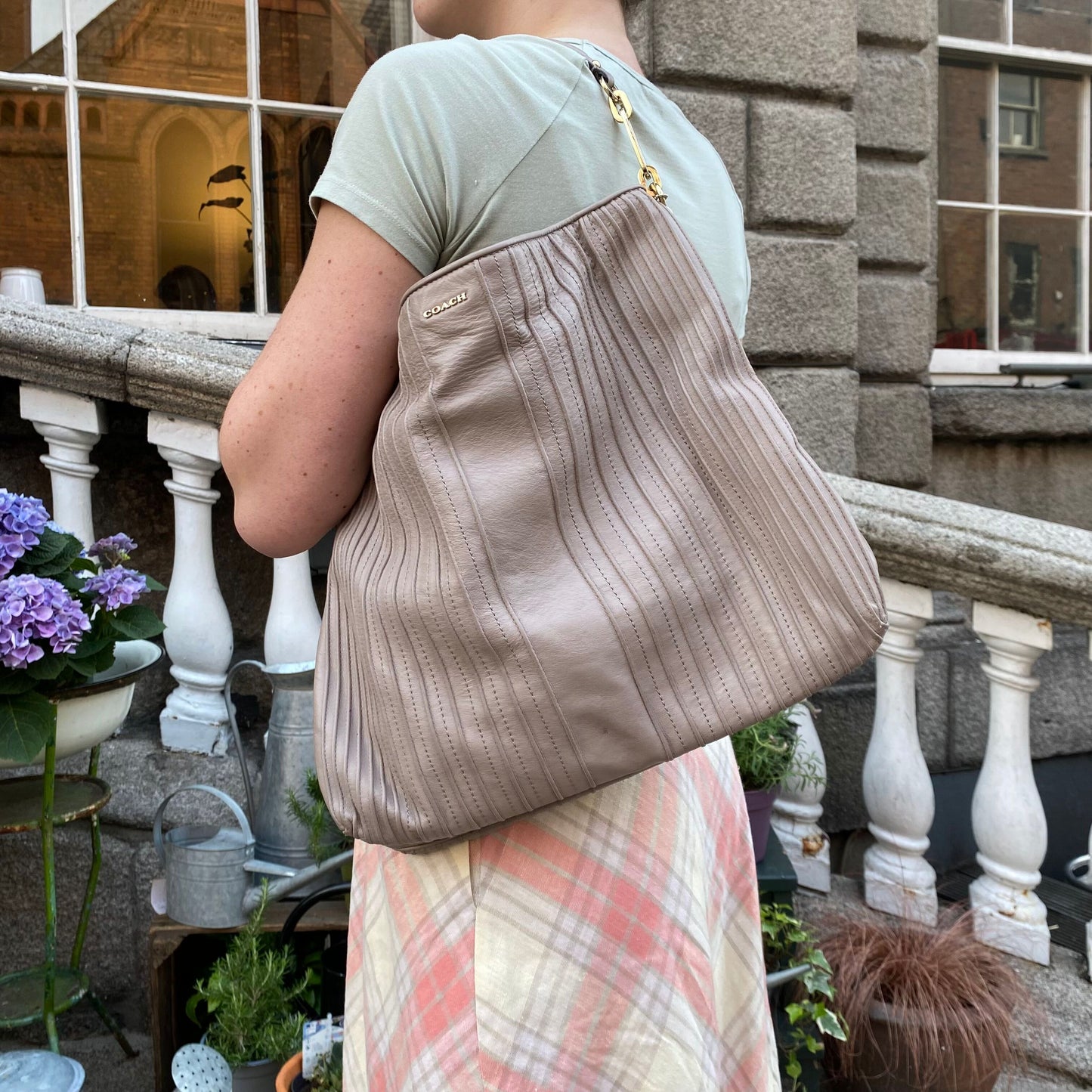 Coach Taupe Madison Pin Tuck Hobo