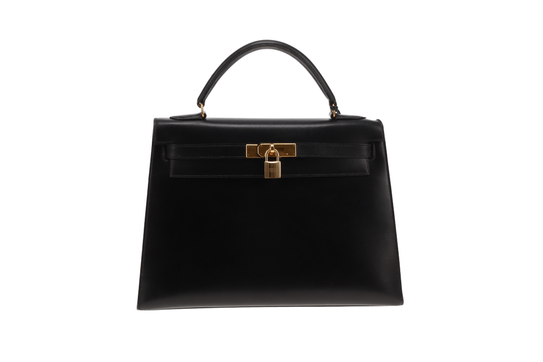 Hermes Black Box Leather GHW Vintage Kelly 32 1994