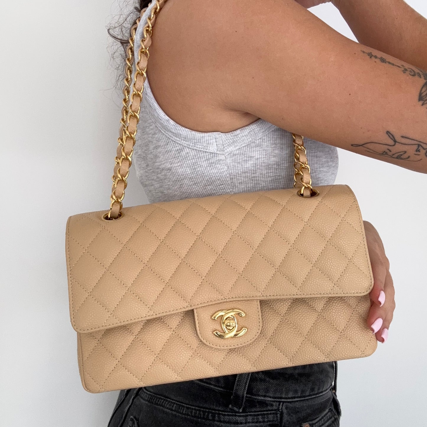 Chanel Classic Double Flap Medium Beige Caviar With Gold Hardware