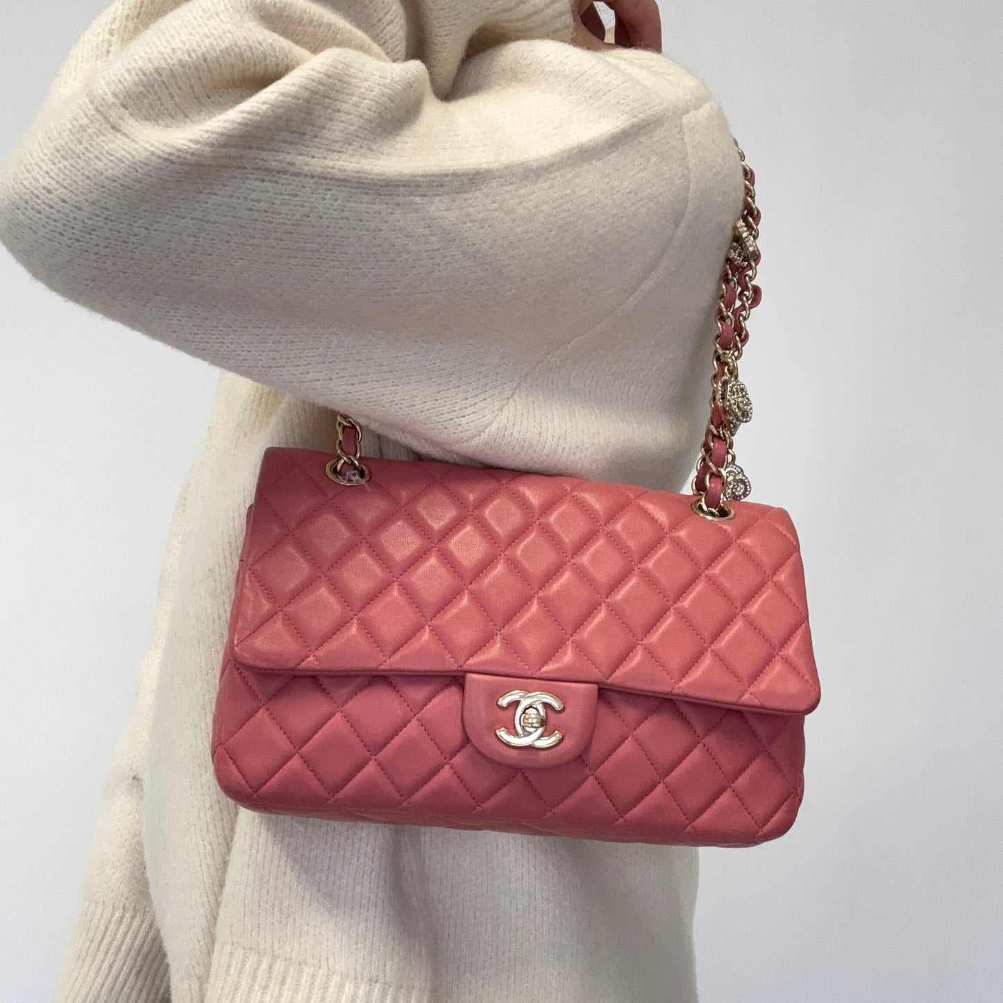 Chanel Classic Single Flap Medium Valentine Charms Pink Lambskin GHW