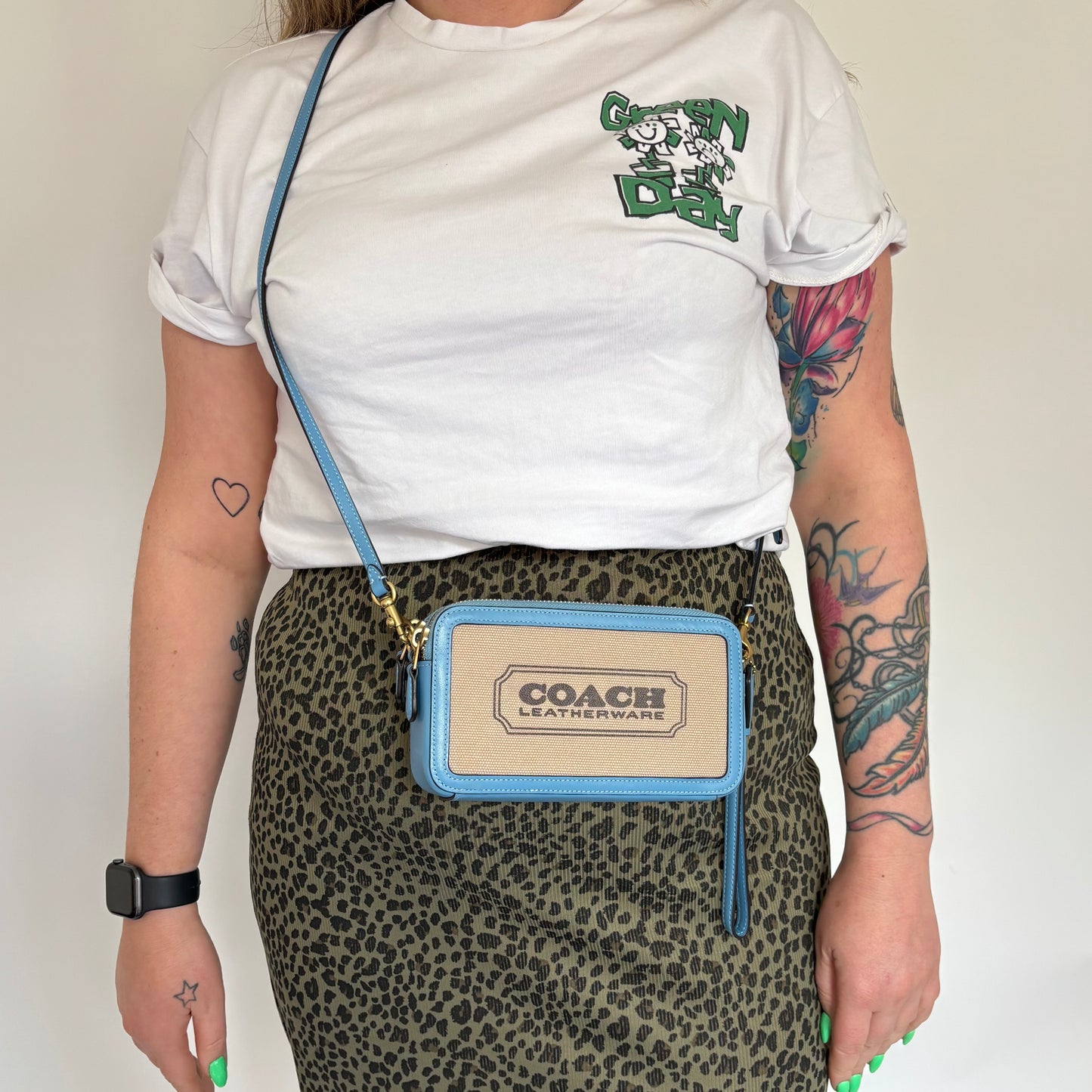 Coach Logo Canvas and Blue Leather Trim Kira Double Zip Crossbody