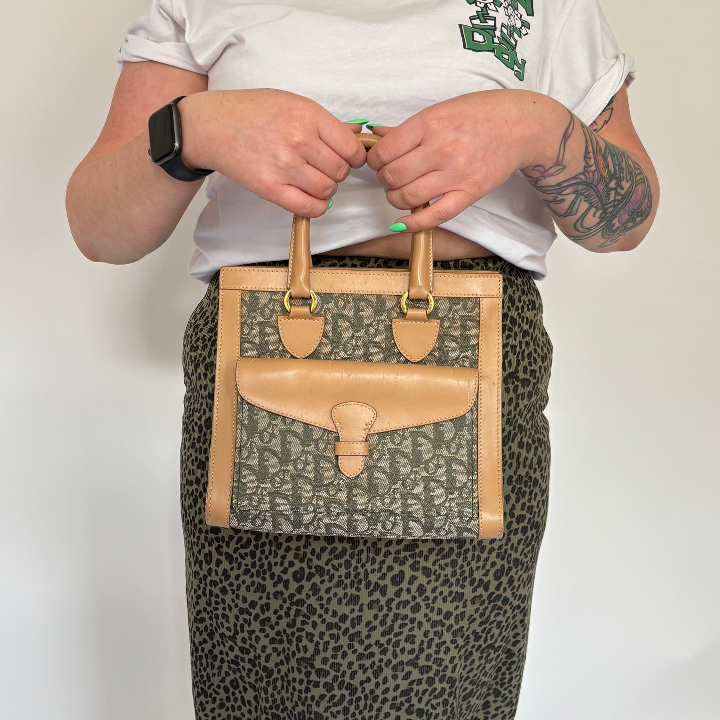Dior Green Oblique and Tan Leather Vintage Tote Bag 2002