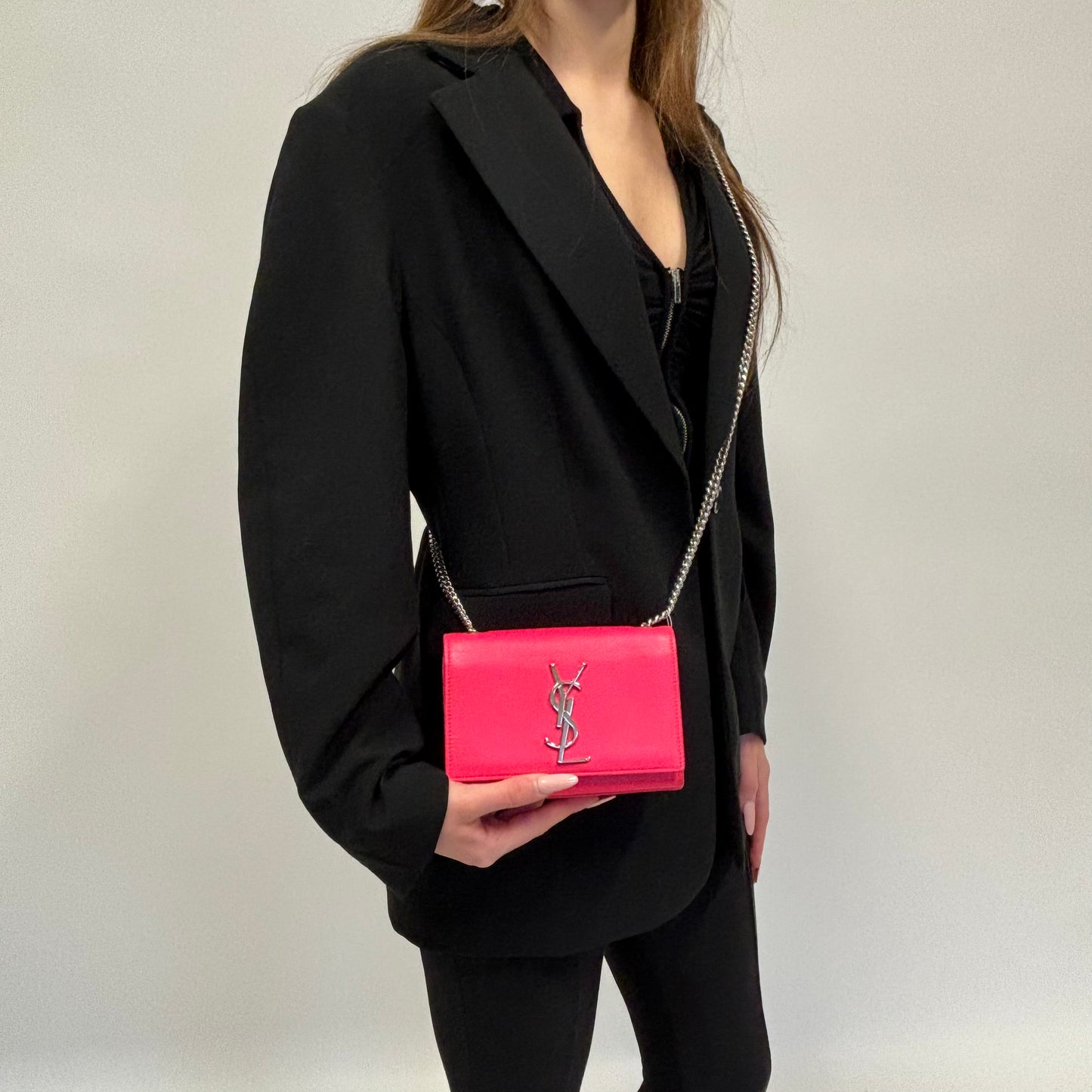 Saint Laurent Kate Hot Pink Leather SHW Mini Chain Bag