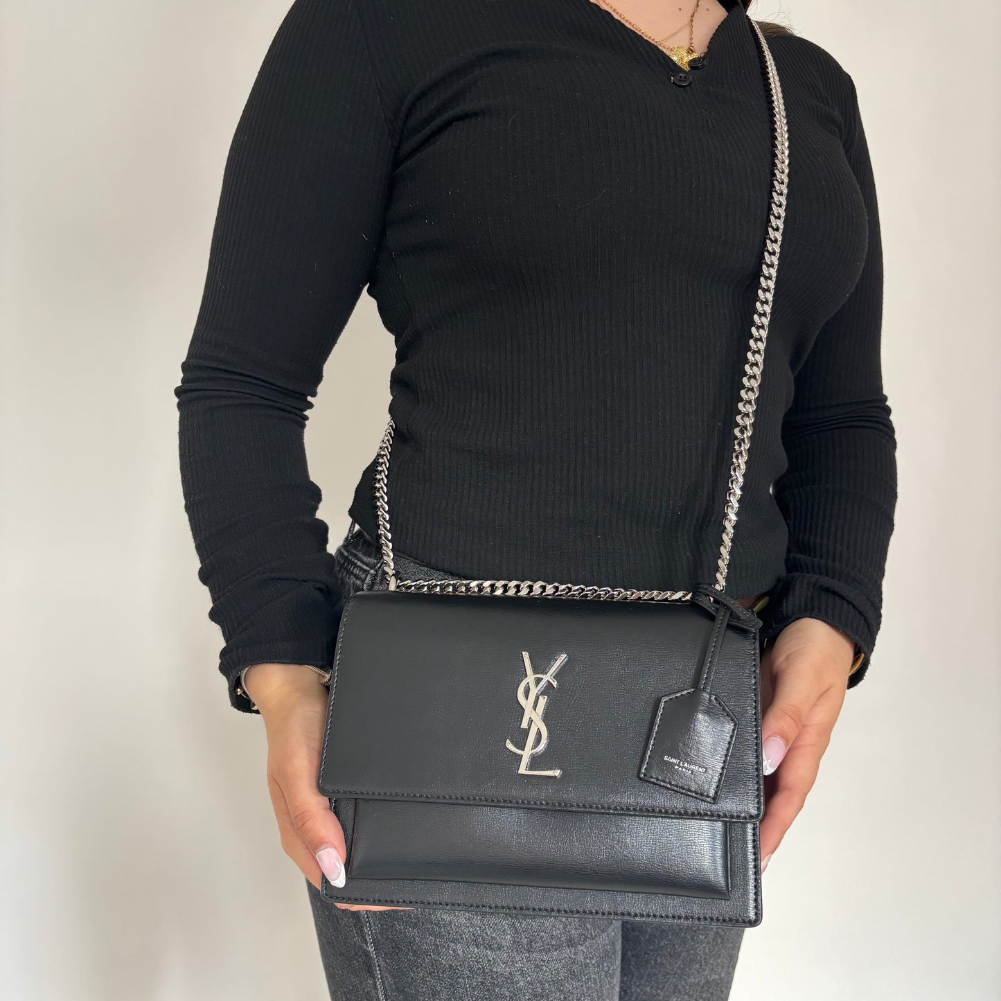 Saint Laurent Sunset Medium Black Leather SHW 2024