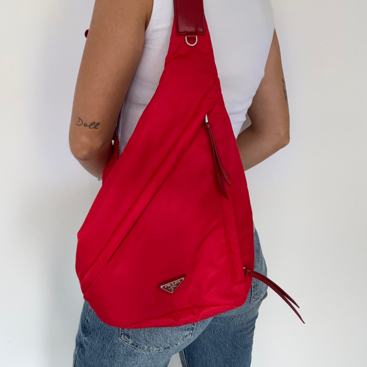 Prada Sling Backpack Red Nylon and Leather