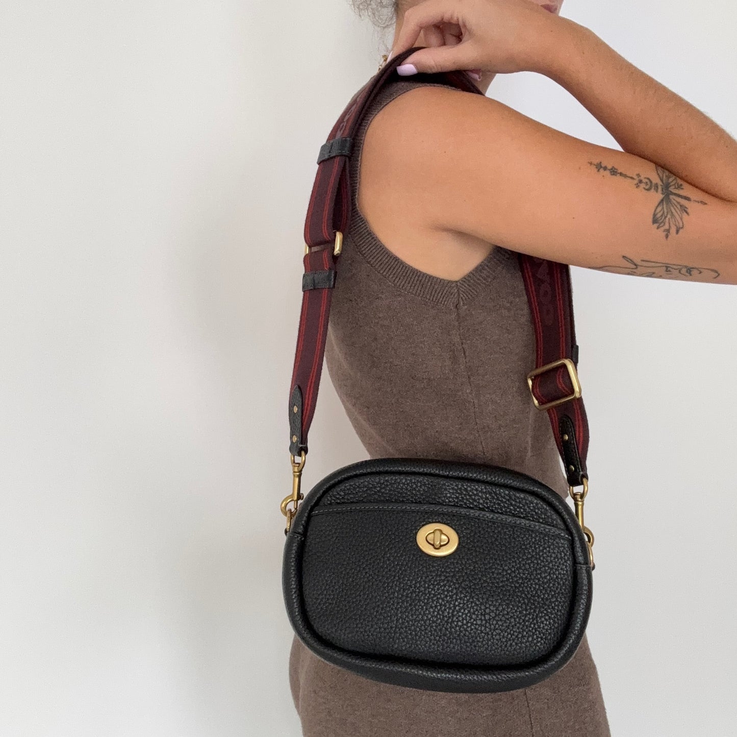 Coach Camera Bag Black Pebble Leather with Logo Strap