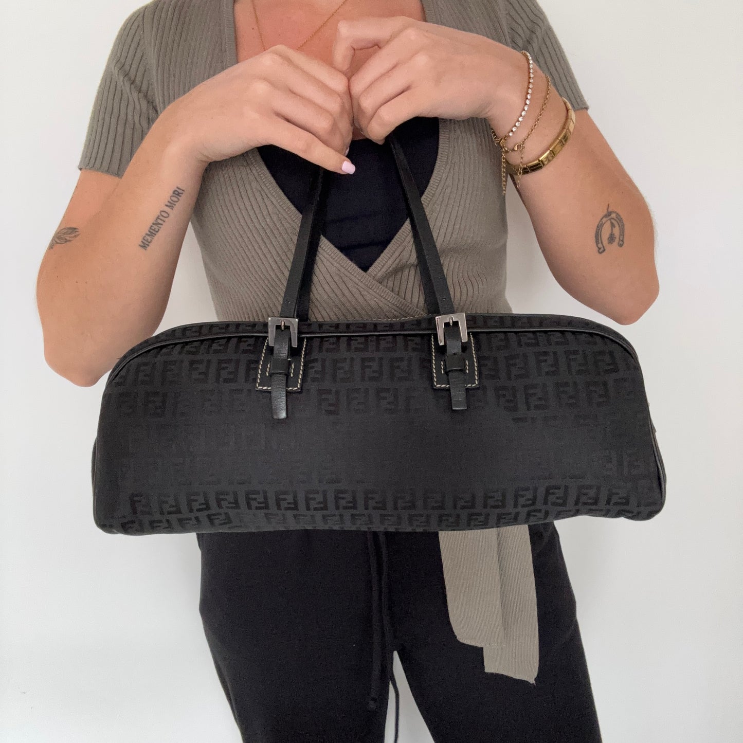 Fendi Bauletto Long Bag Black Zucchino