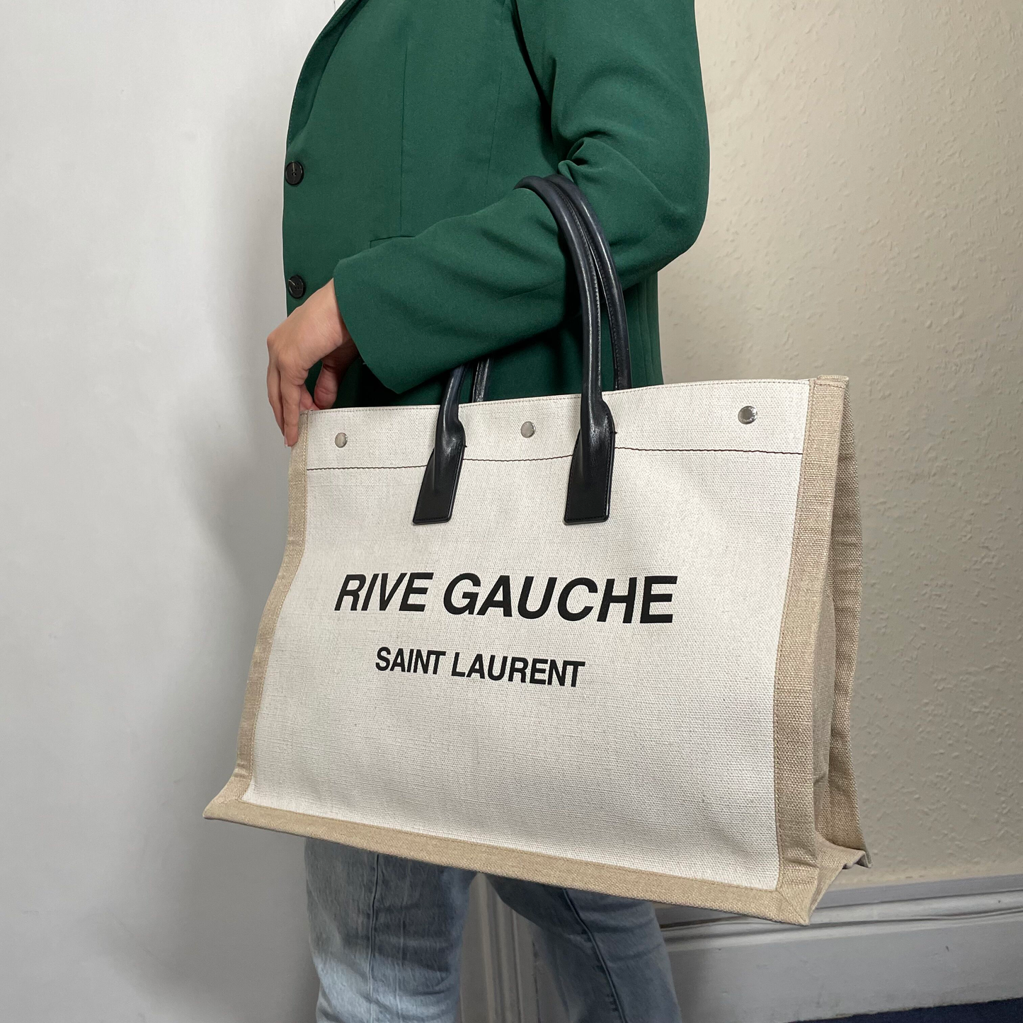 Saint Laurent Rive Gauche Large Tote In Printed Canvas & Leather
