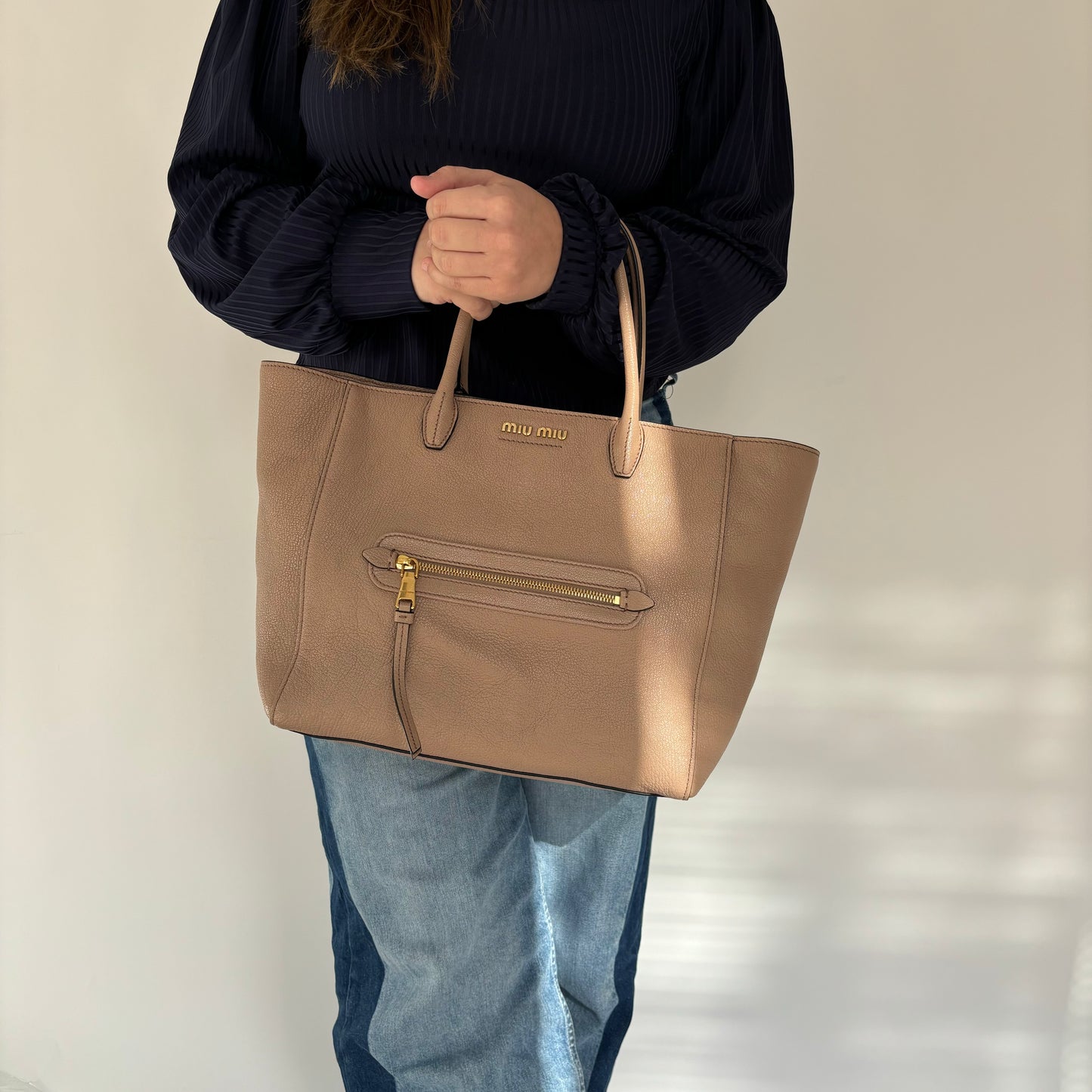 Miu Miu Beige Leather Shopping Tote with Strap