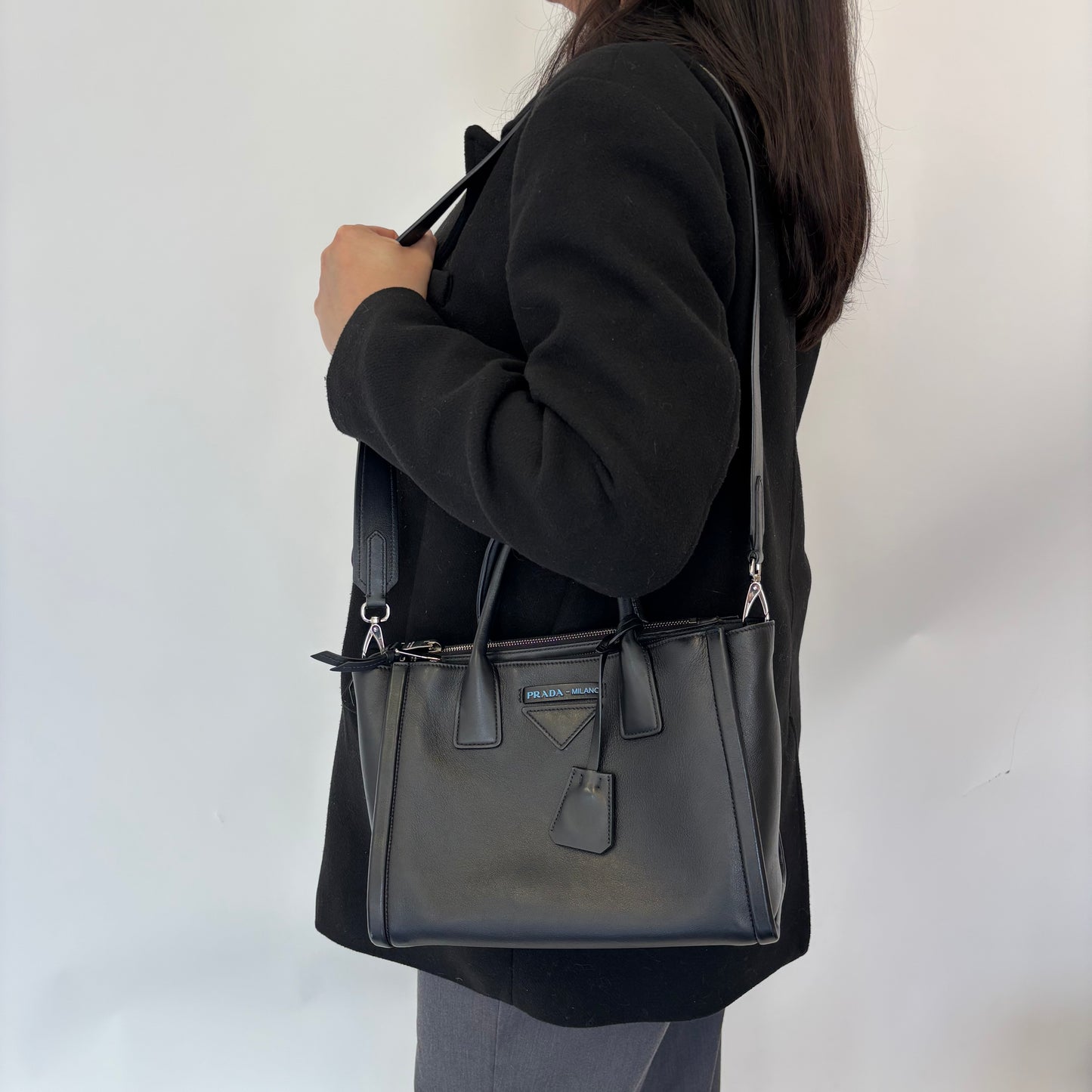 Prada Black Leather SHW Concept Tote with Strap