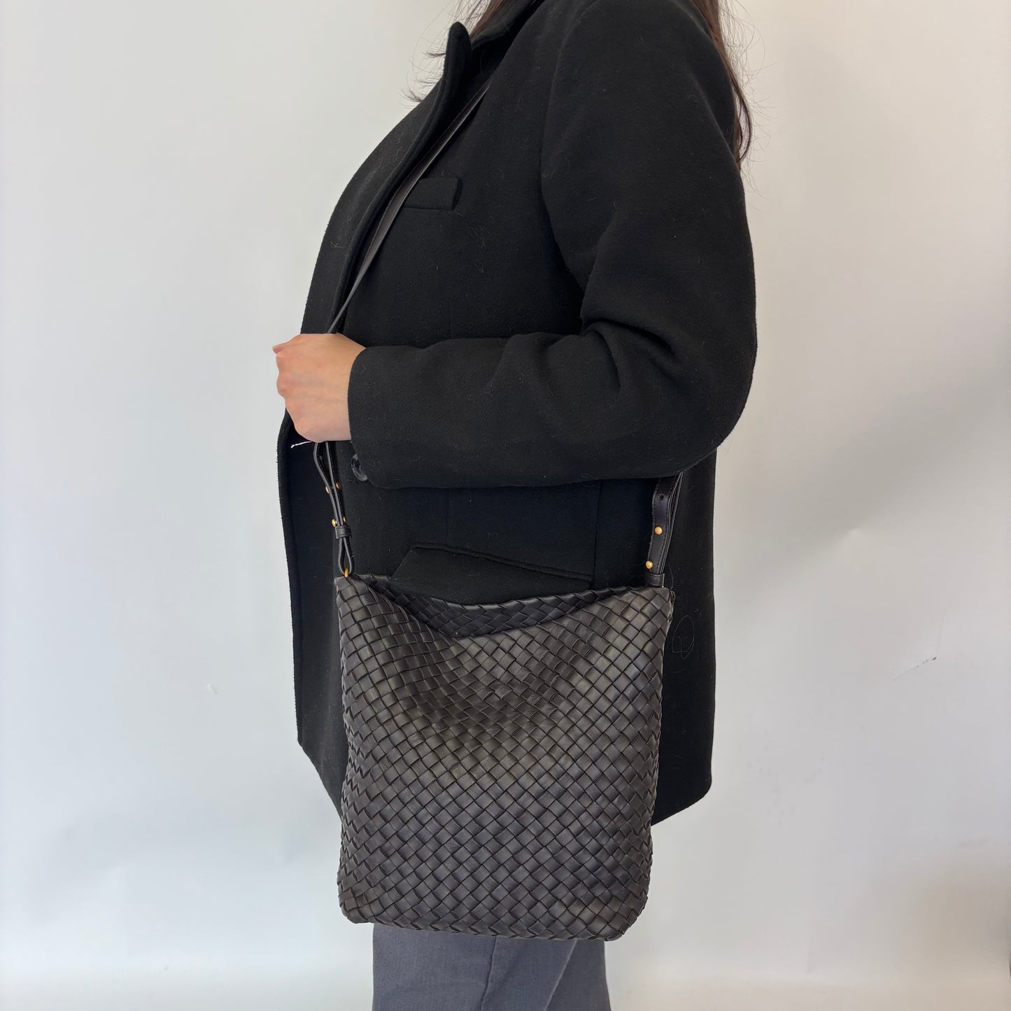 Bottega Veneta Dark Brown Intrecciato Crossbody Bag with Card Holder