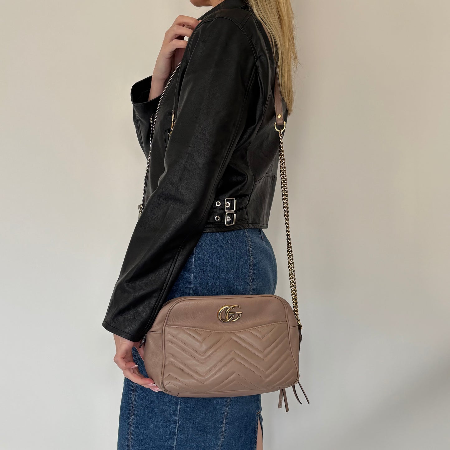Gucci Taupe Chevron Medium Marmont Crossbody