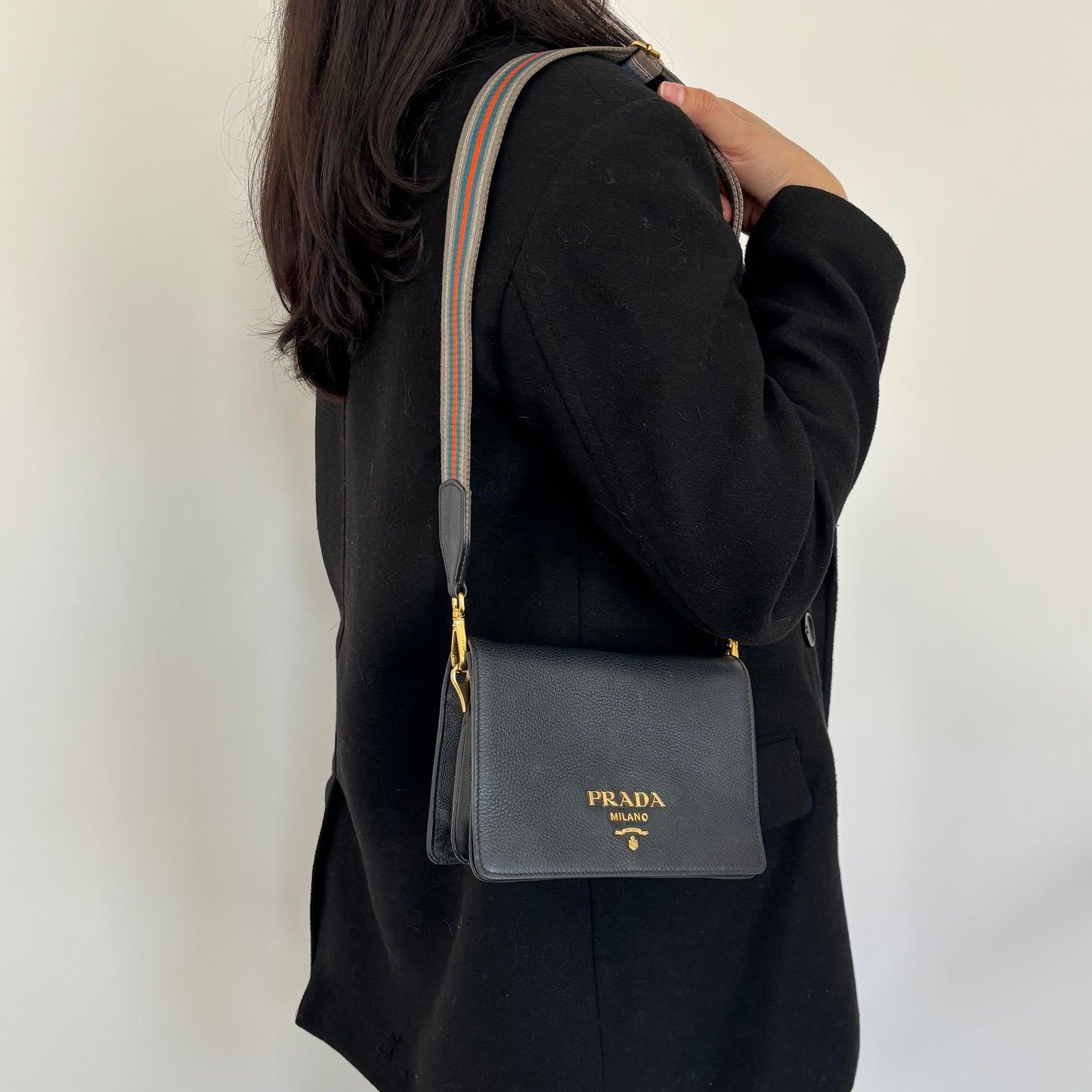 Prada Black Vitello Daino Flap Crossbody Bag