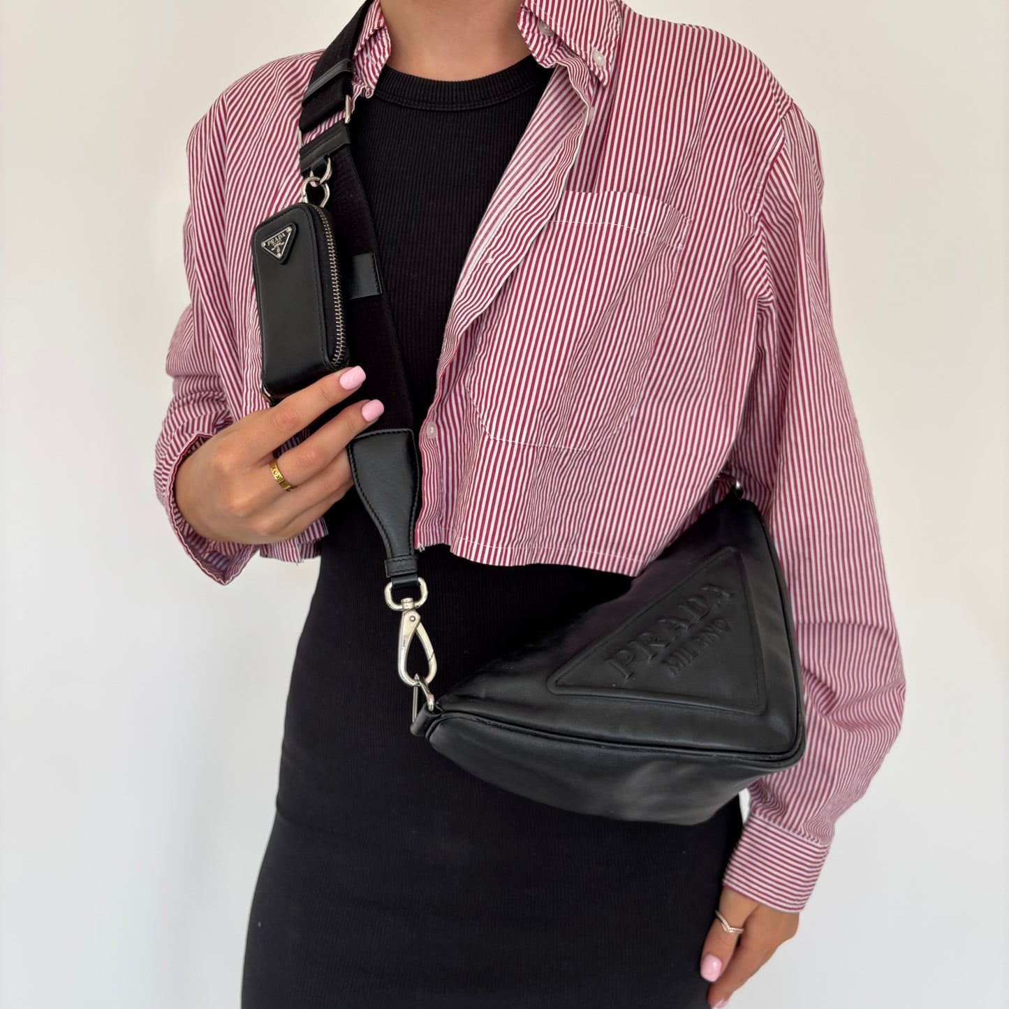 Prada Triangle Logo Leather Shoulder Bag Black