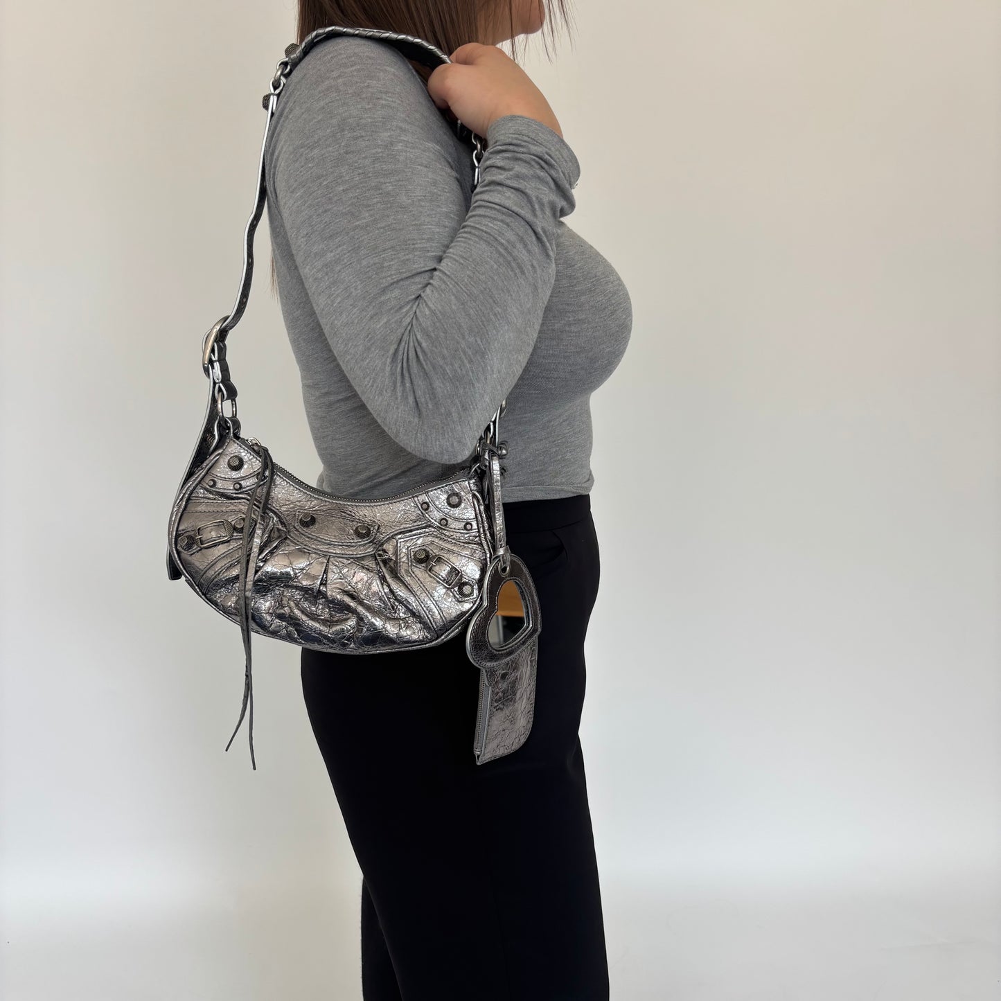 Balenciaga Le Cagole Shoulder Bag XS in Silver Metallized Arena Lambskin