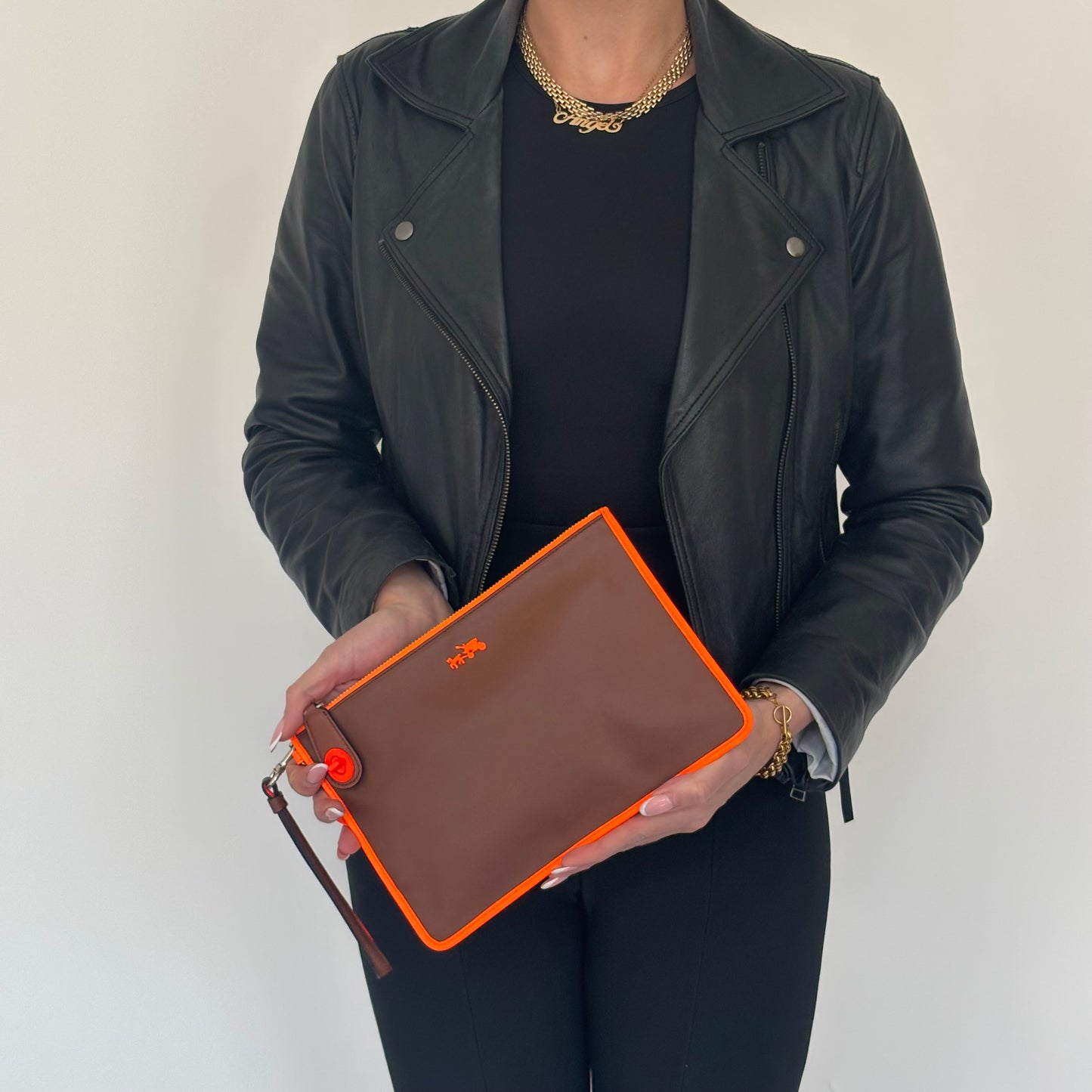 Coach Tan Leather Neon Orange Wristlet
