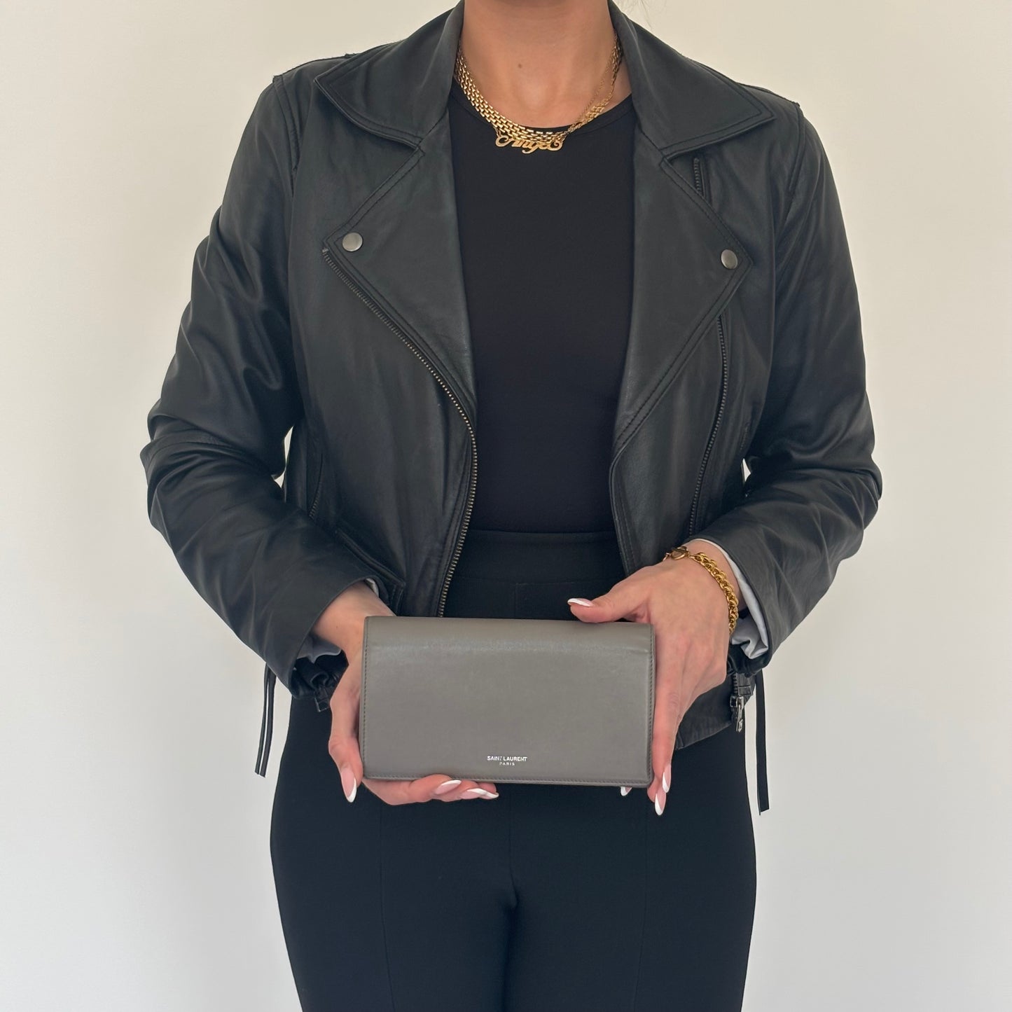 Saint Laurent Grey Calfskin Flap Wallet With Snake Interior Trim