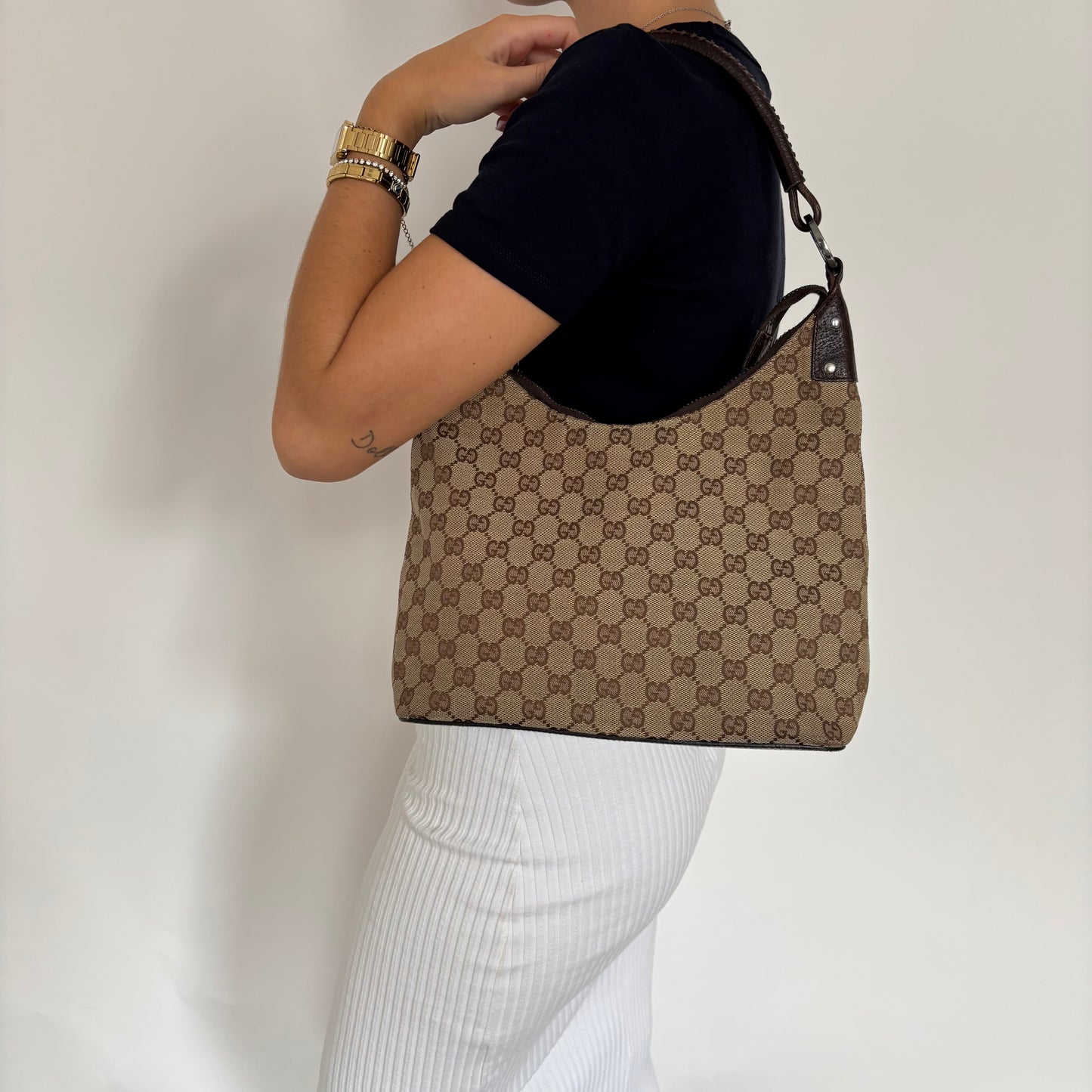 Gucci Twins GG Canvas Hobo Whipstich Handle Vintage