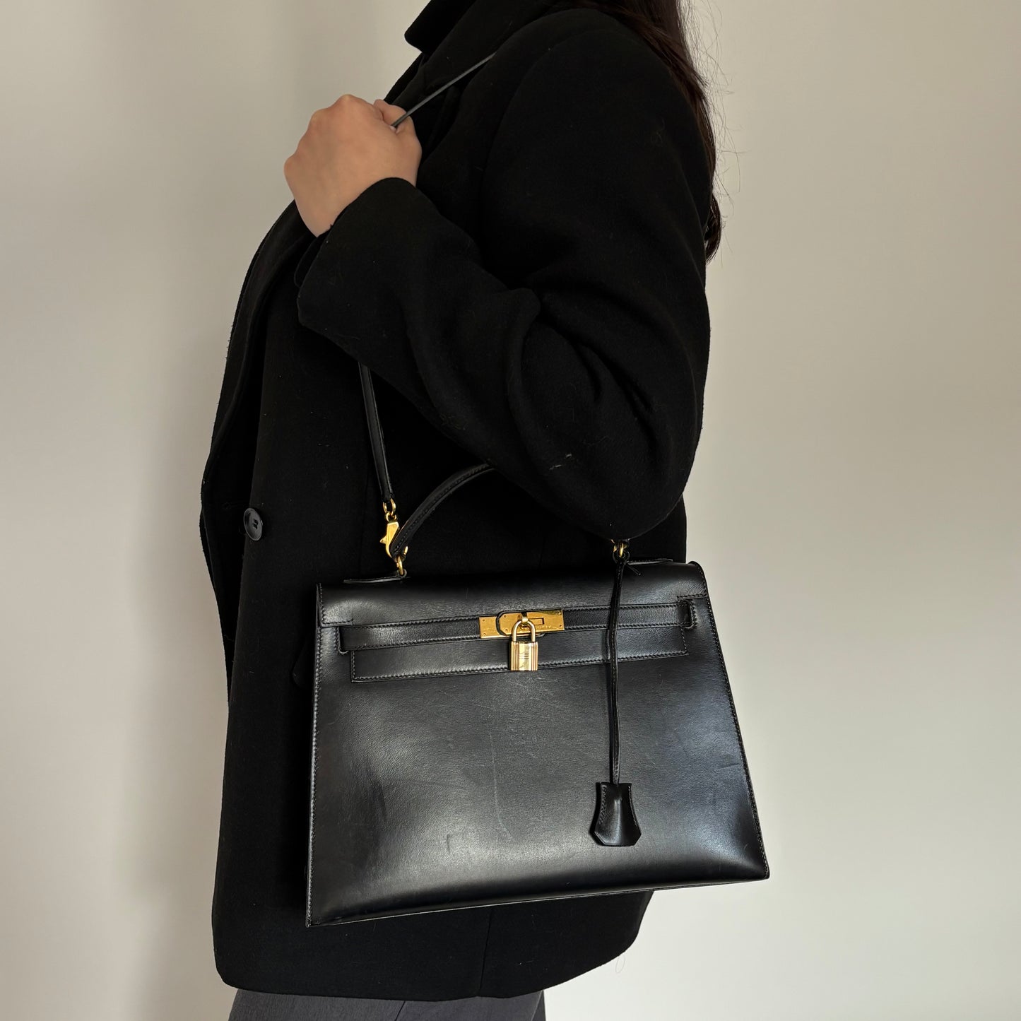 Hermes Black Box Leather GHW Vintage Kelly 32 1994