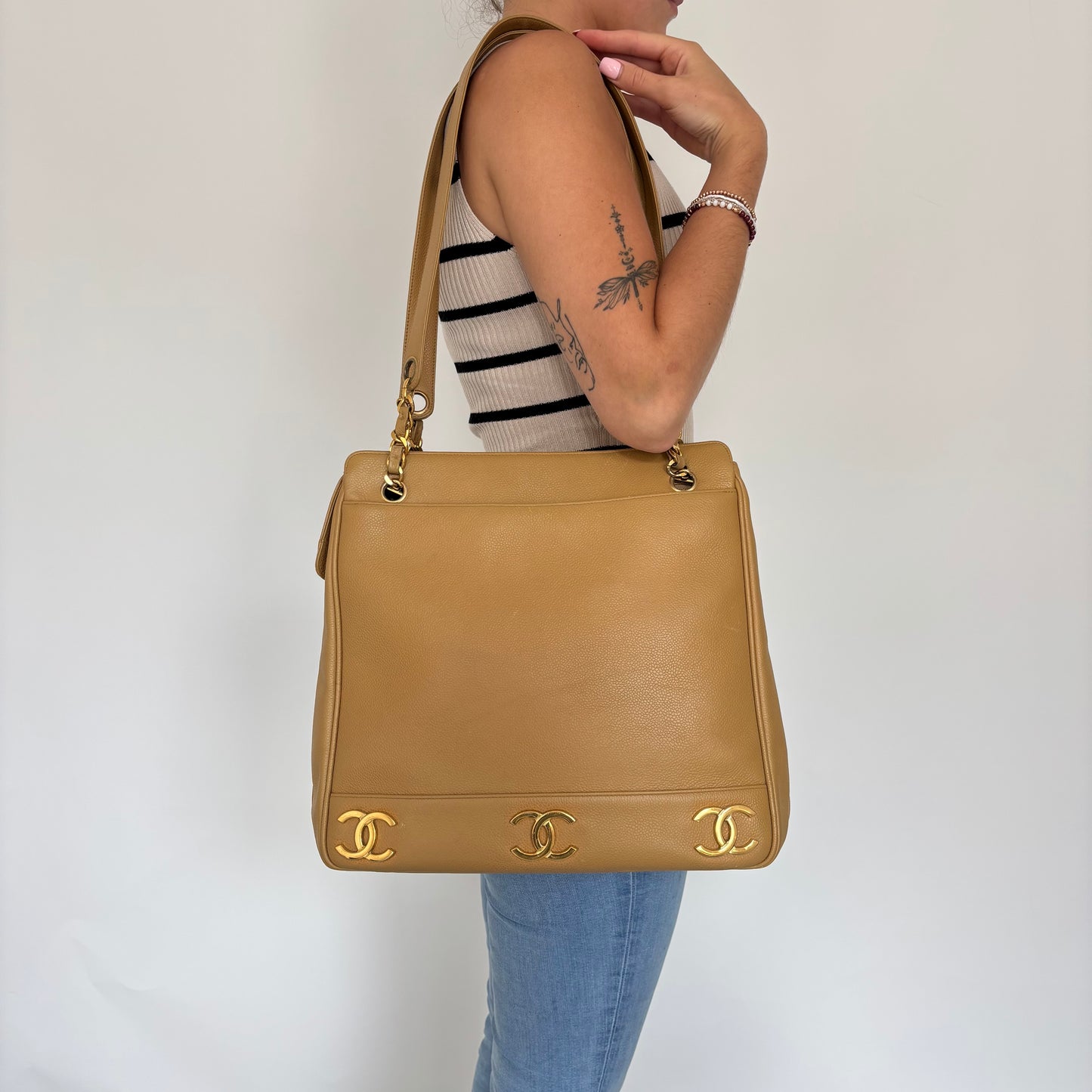 Chanel Vintage Caviar Gold CC Leather Chain Shoulder Bag 1994