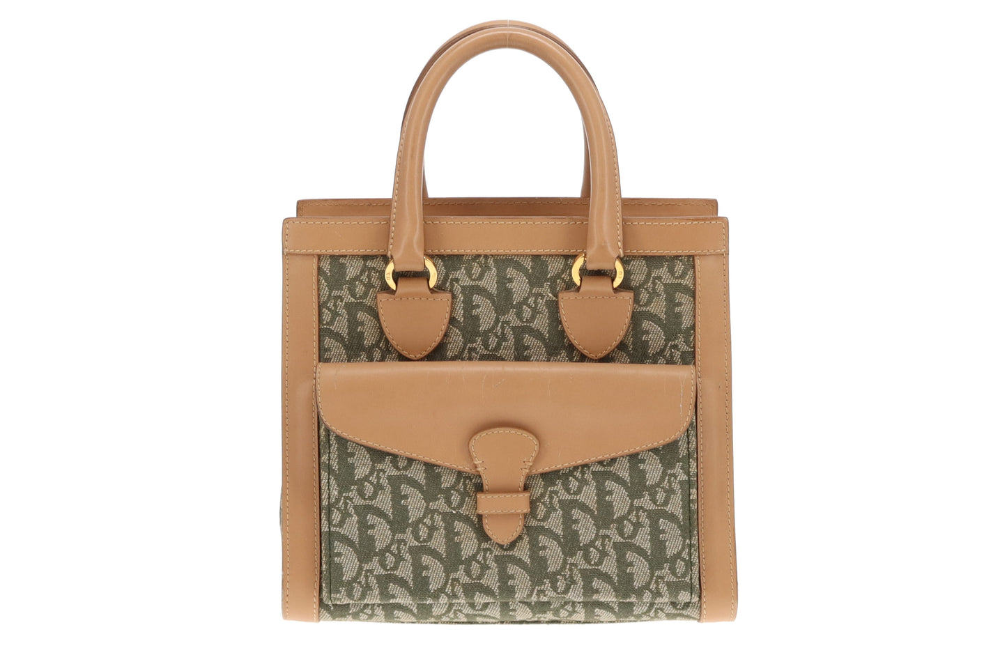 Dior Green Oblique and Tan Leather Vintage Tote Bag 2002