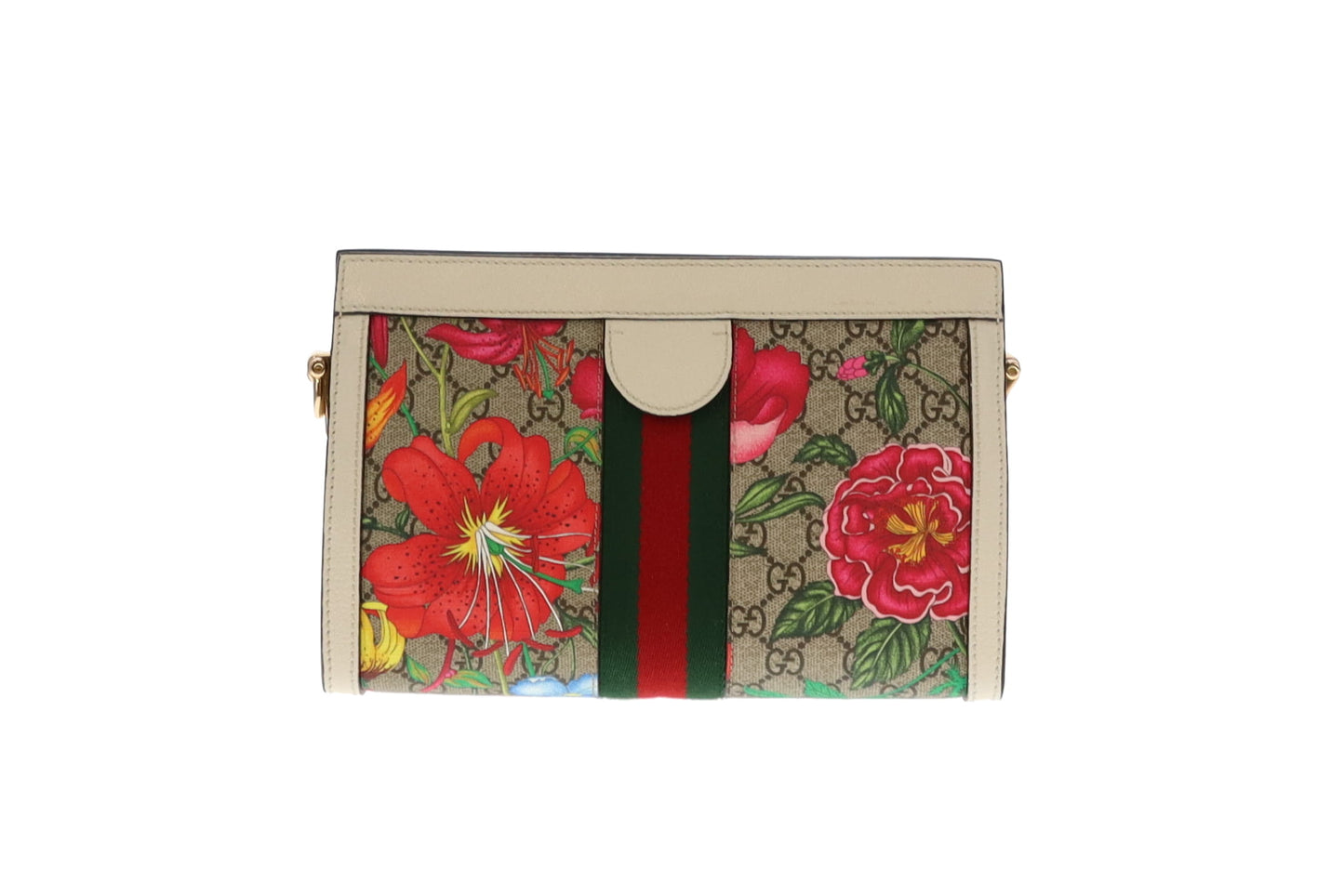 Gucci GG Supreme Flora and White Leather Ophidia Chain Bag