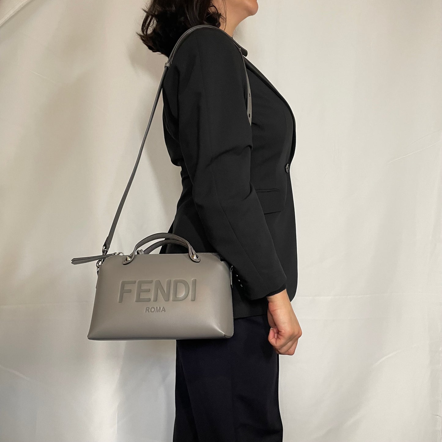 Fendi Grey Smooth Calfskin By The Way Medium Bag with Long Strap