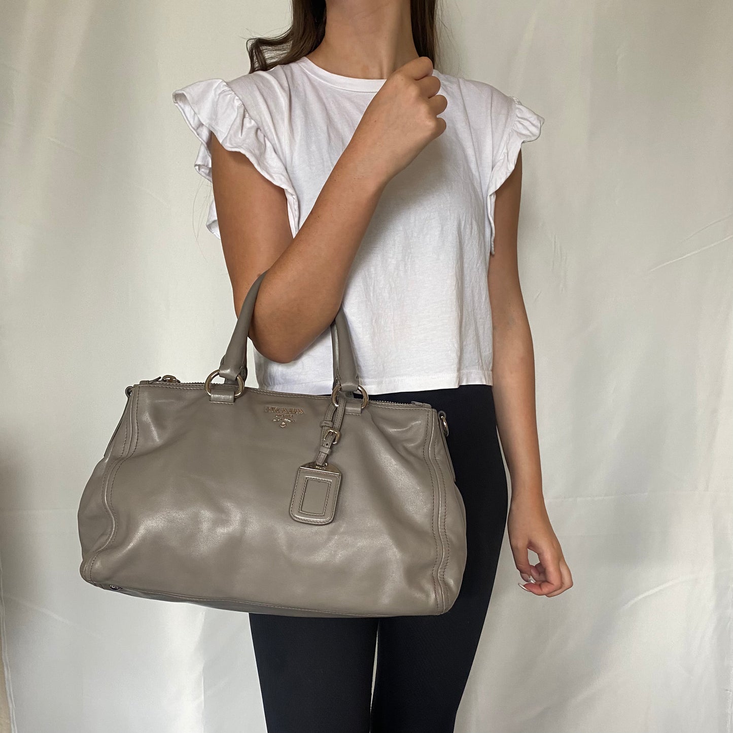 Prada Grey Soft Calf Double Zip Tote Nappa Soft