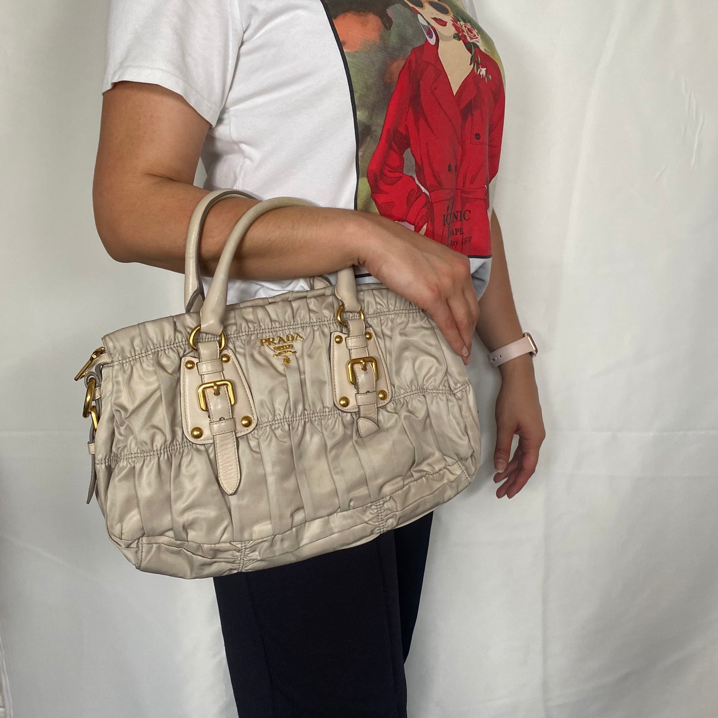 Prada Light Beige Nylon Gauffre Zipped Bag With Shoulder Strap
