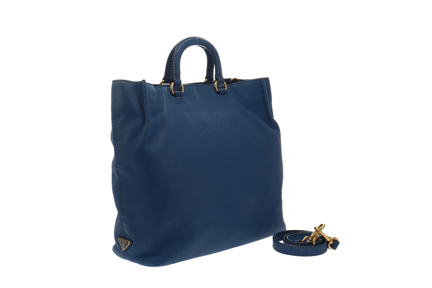 Prada Logo Embossed Blue Leather Tote With Strap