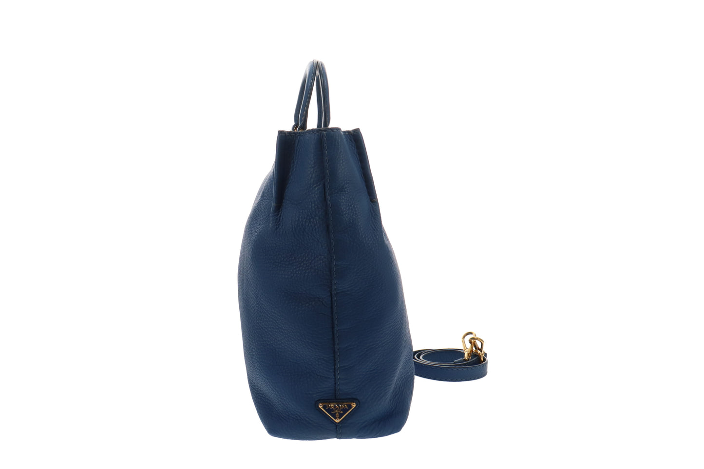 Prada Logo Embossed Blue Leather Tote With Strap