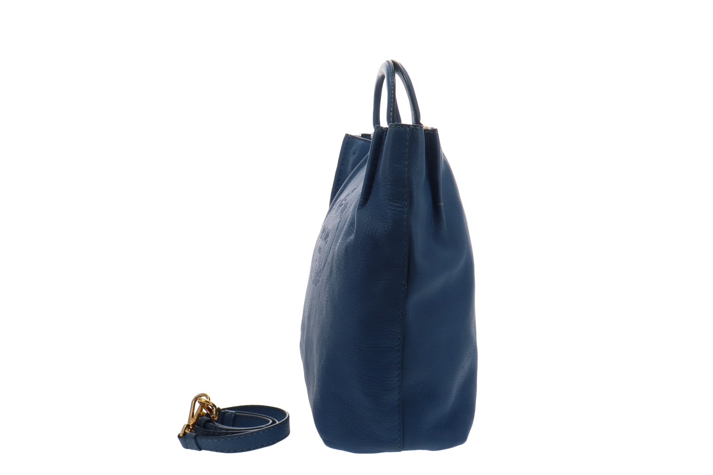 Prada Logo Embossed Blue Leather Tote With Strap