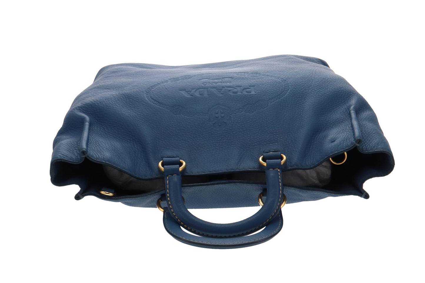 Prada Logo Embossed Blue Leather Tote With Strap
